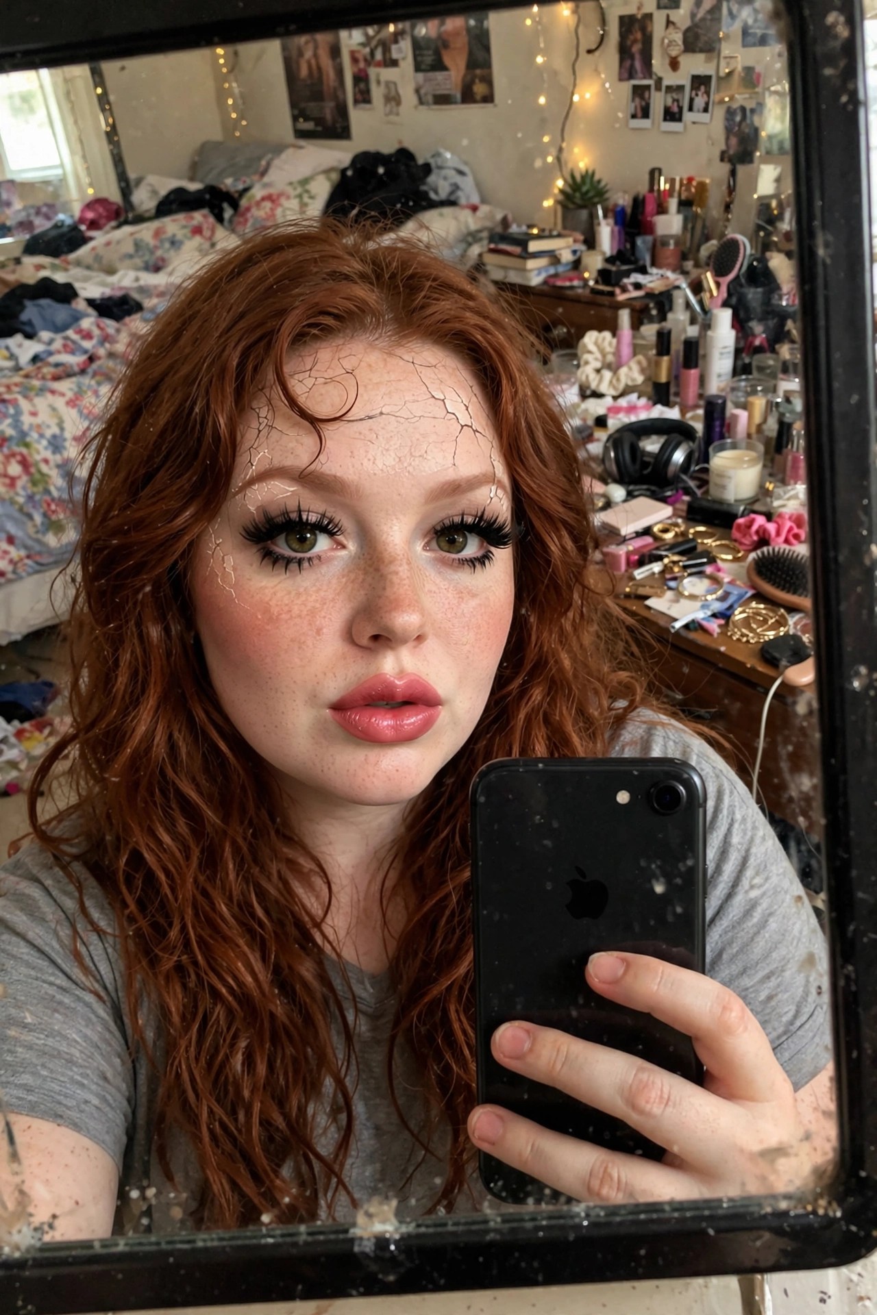 Close-up of cracked porcelain doll makeup with black lines across forehead and cheeks, dramatic lashes, and glossy pink lips.