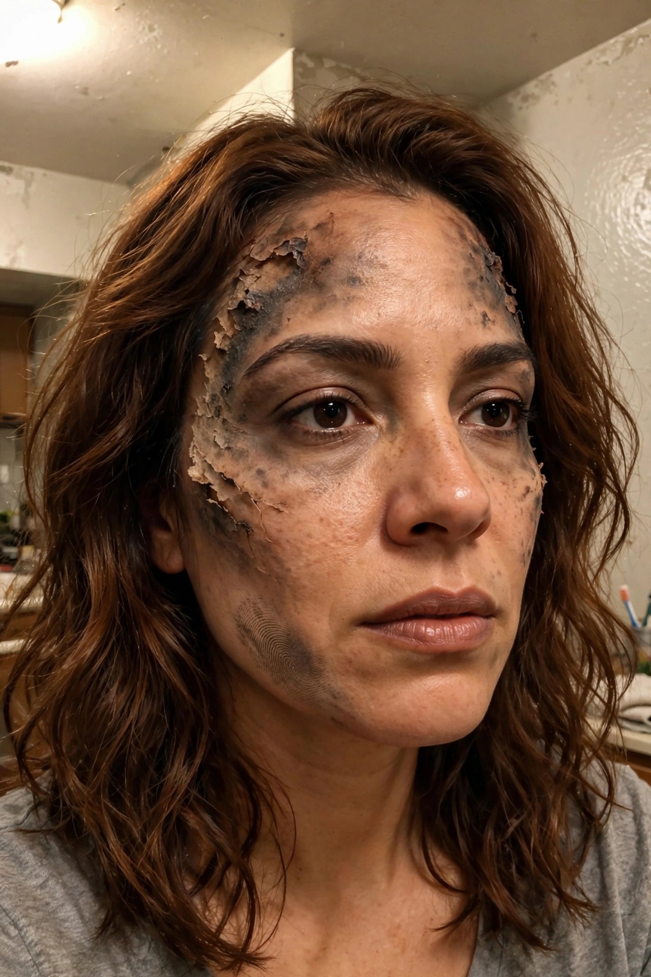 Close-up of a woman's face showing cracked peeling makeup across the forehead and temple with a fingerprint design on the cheek.