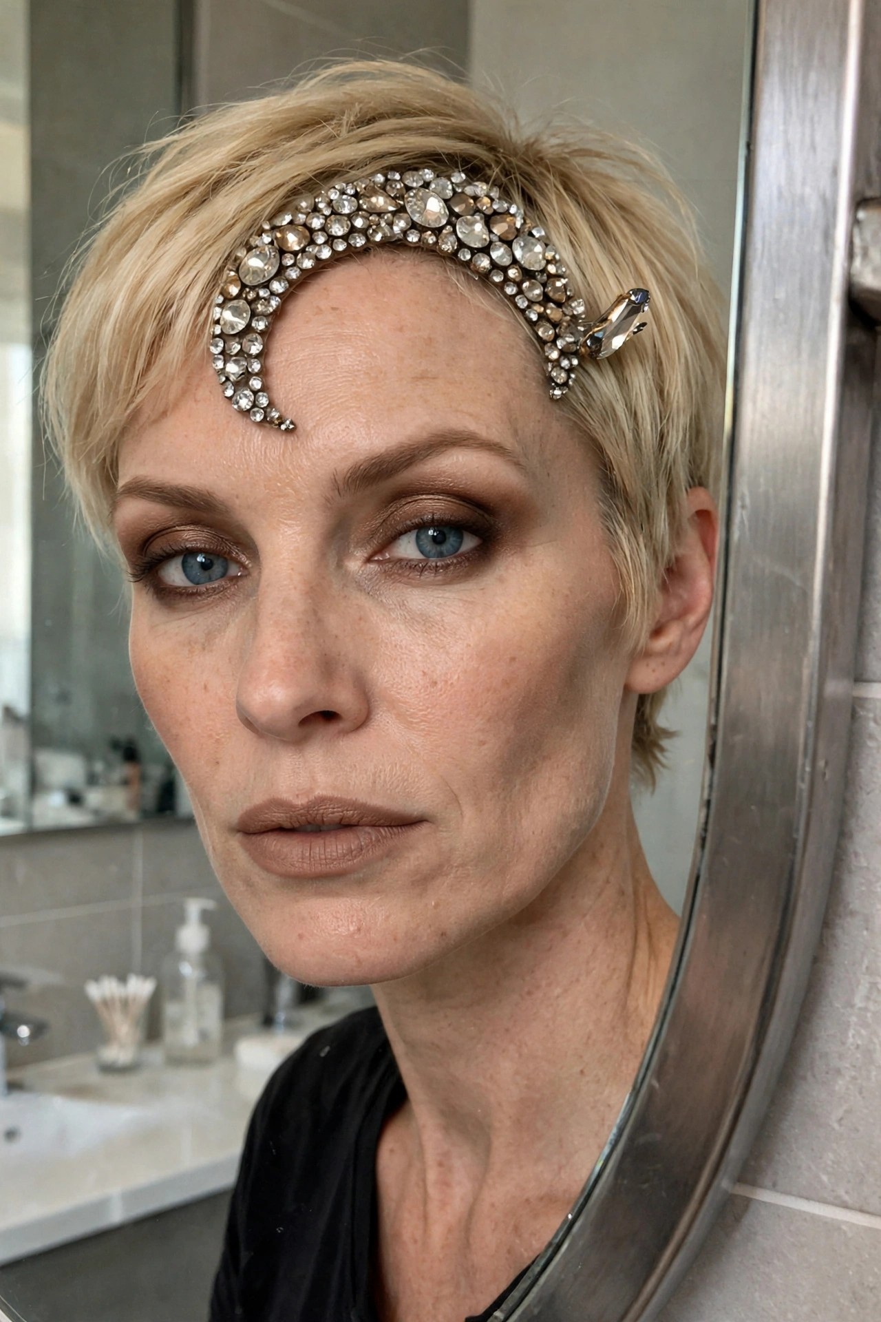 Close-up of short blonde hair and dramatic brown smoky eye makeup with a large jeweled crescent moon headpiece across the forehead.