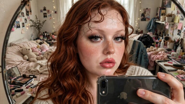 21+ Creative Halloween Makeup Ideas Close-up of cracked porcelain doll makeup with black lines across forehead and cheeks, dramatic lashes, and glossy pink lips.