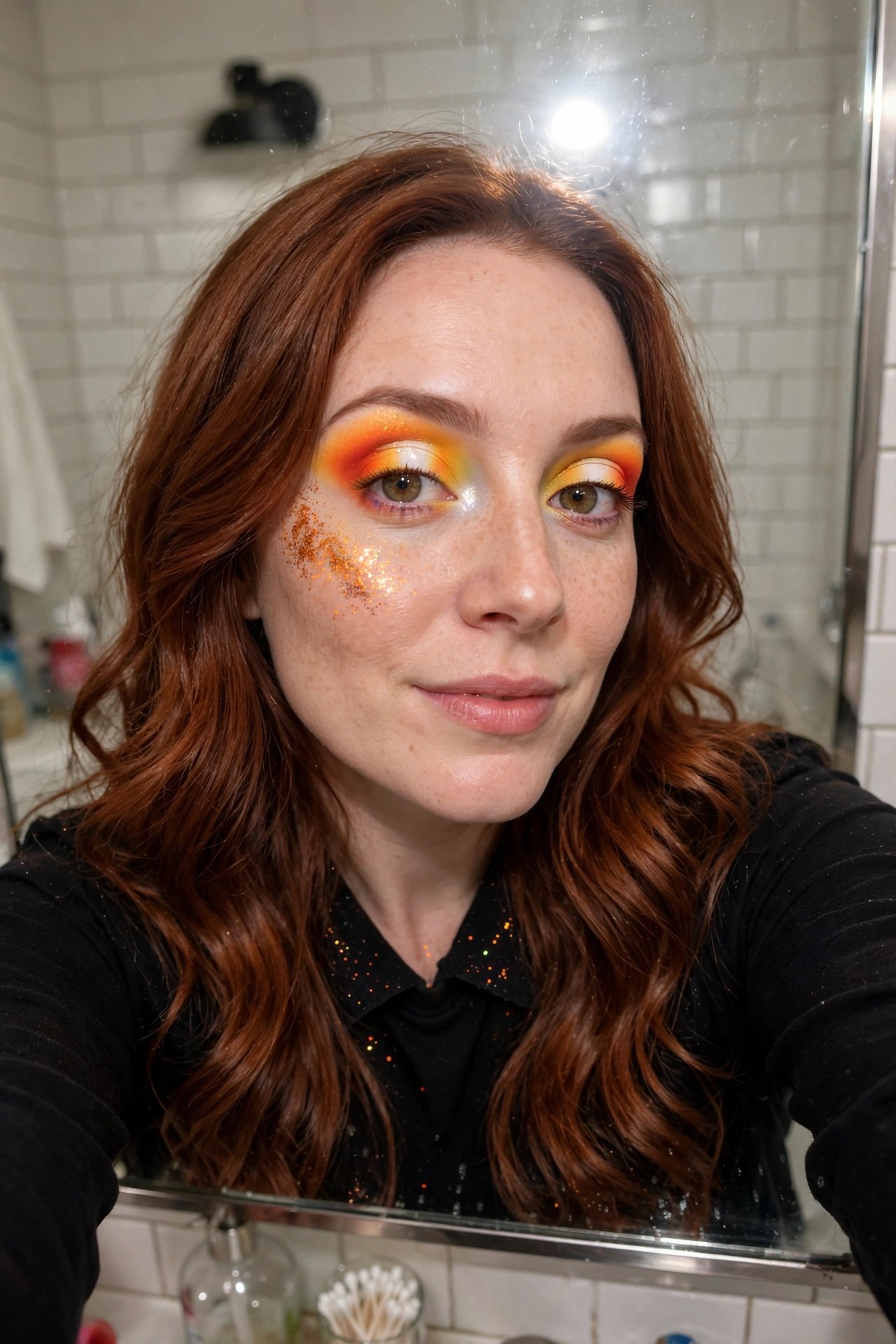 Close up of orange and yellow gradient eyeshadow with white inner corner highlight and orange glitter accents on the cheek and lower lash line.