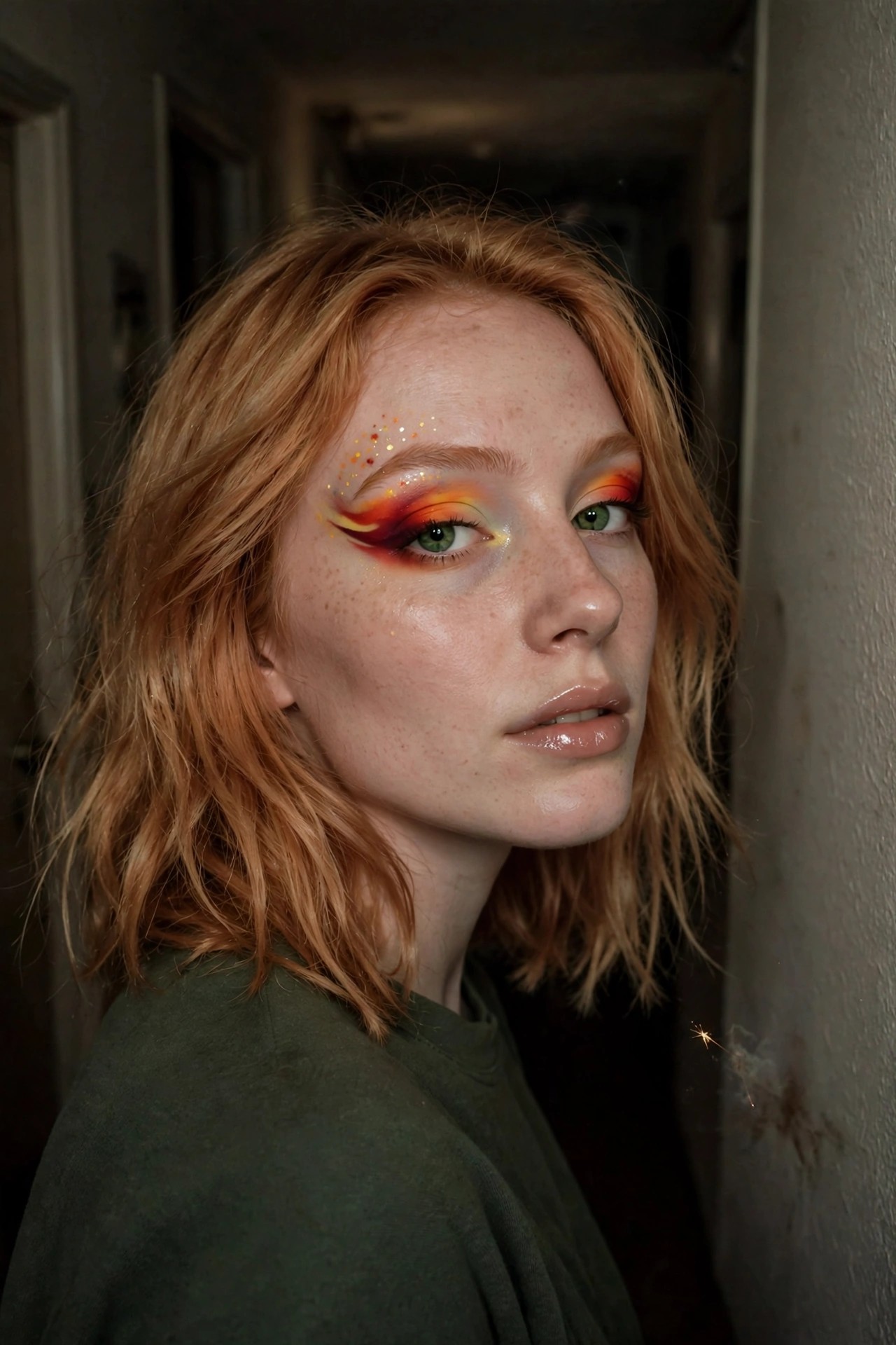 Close up of flame gradient eye makeup with red orange and yellow winged liner plus scattered glitter accents on a person with red hair and freckles.