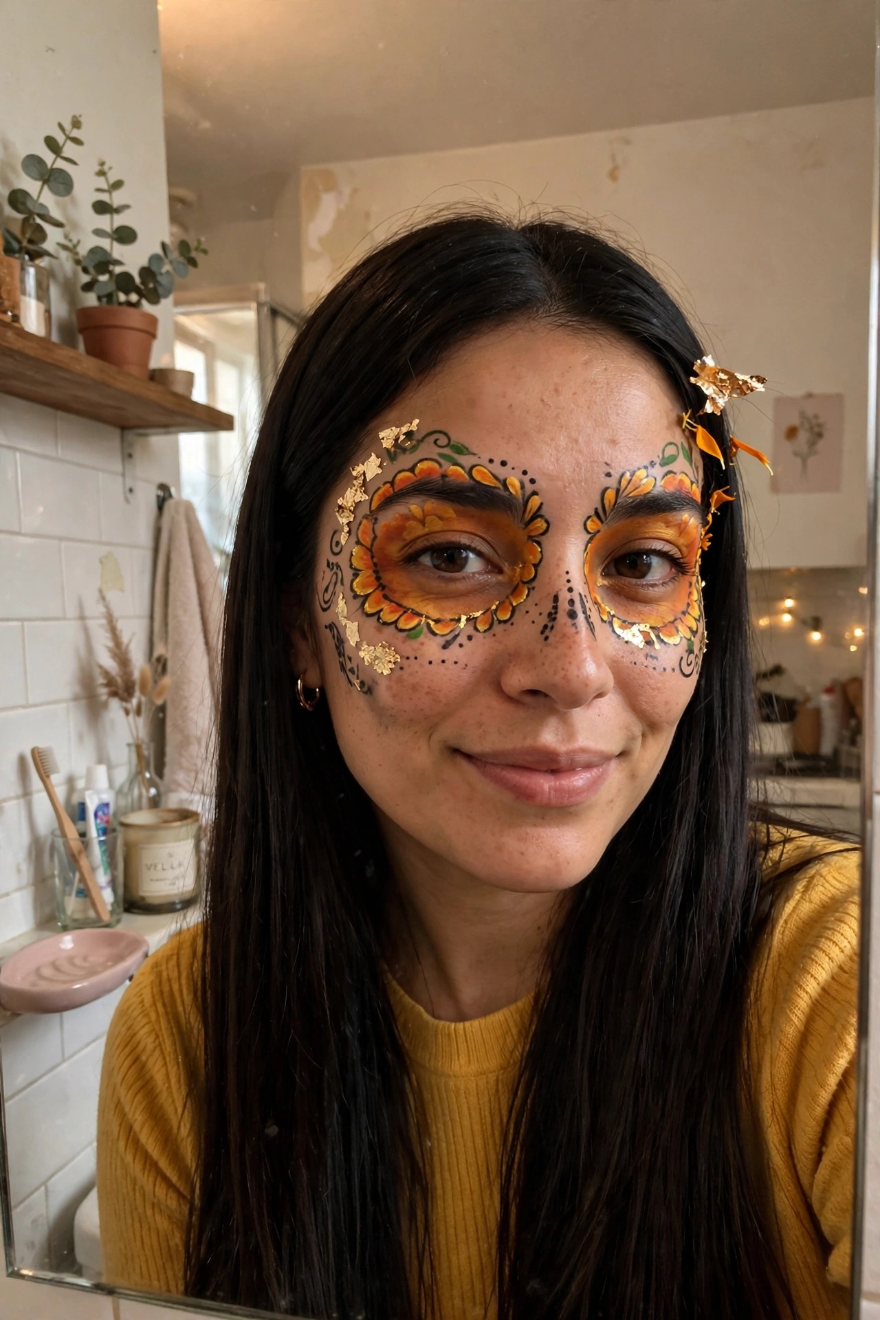 Close up of a woman wearing orange and yellow floral face paint around the eyes with black detailing and gold foil accents in a sugar skull style.