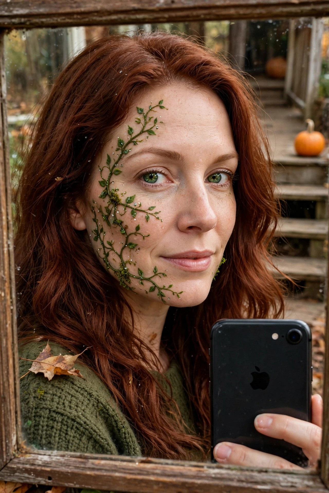 Close up of forest vine makeup with green leaves and glitter covering the left side of a woman's face during a selfie.