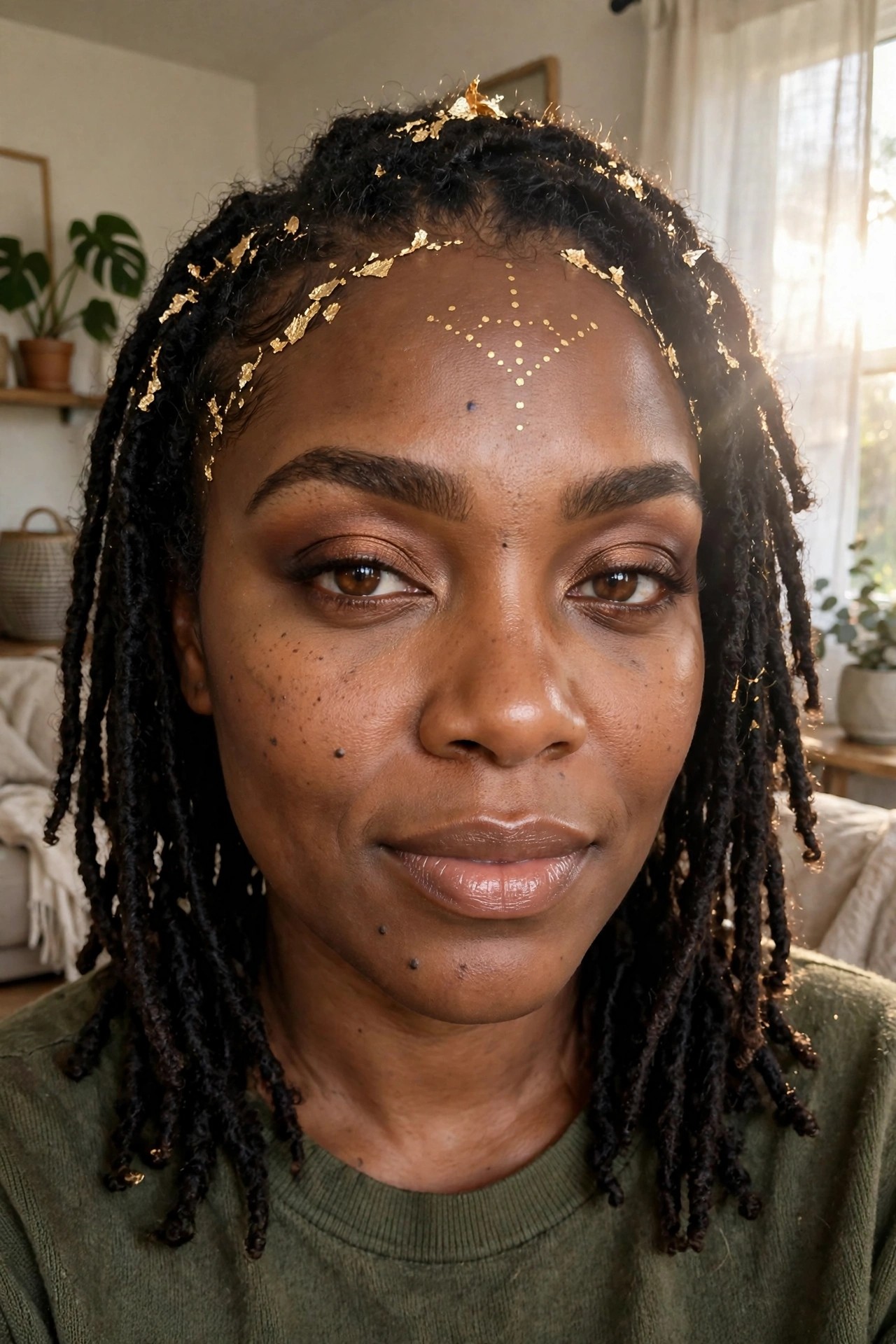 Close-up of forehead makeup featuring small gold dots arranged in a triangle pattern with scattered gold leaf pieces along the hairline.