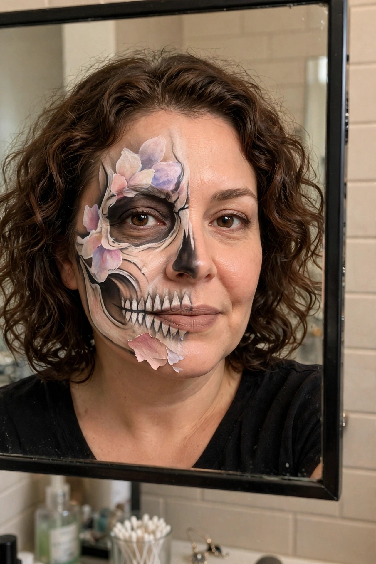 Close up of a woman wearing half skull face paint with soft pink and purple watercolor flowers painted over the skull side.