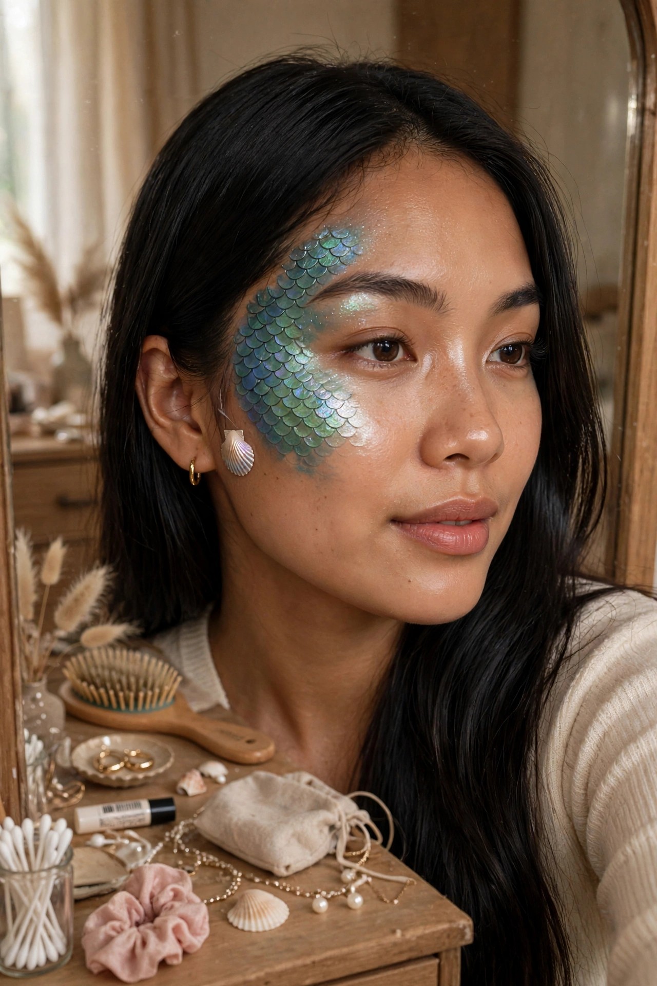 Close-up of a woman wearing green and blue iridescent scale face paint across one cheek and temple with glitter accents.