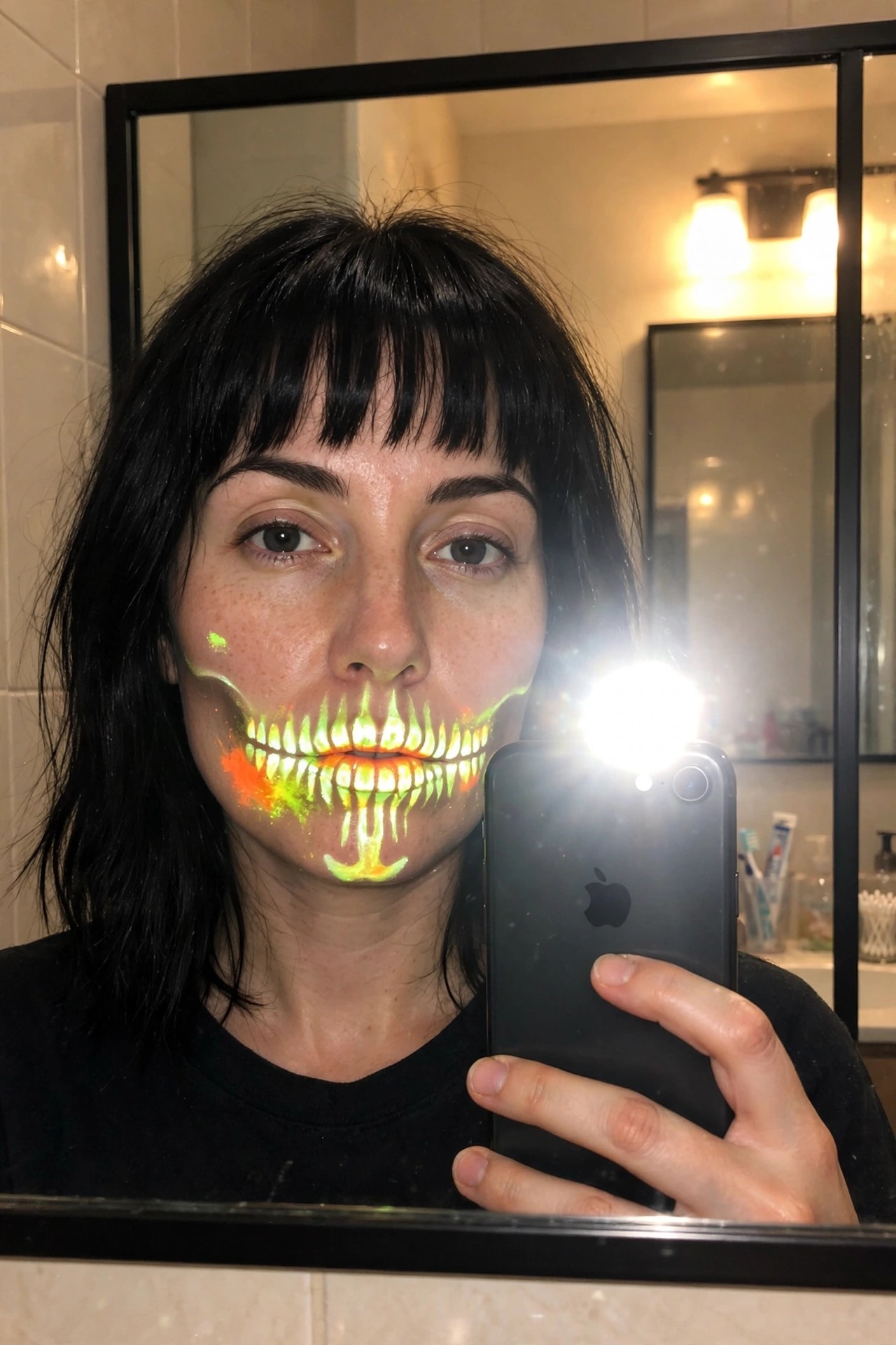 Close-up of neon green yellow and orange skeleton jaw and teeth face paint around the mouth and chin.