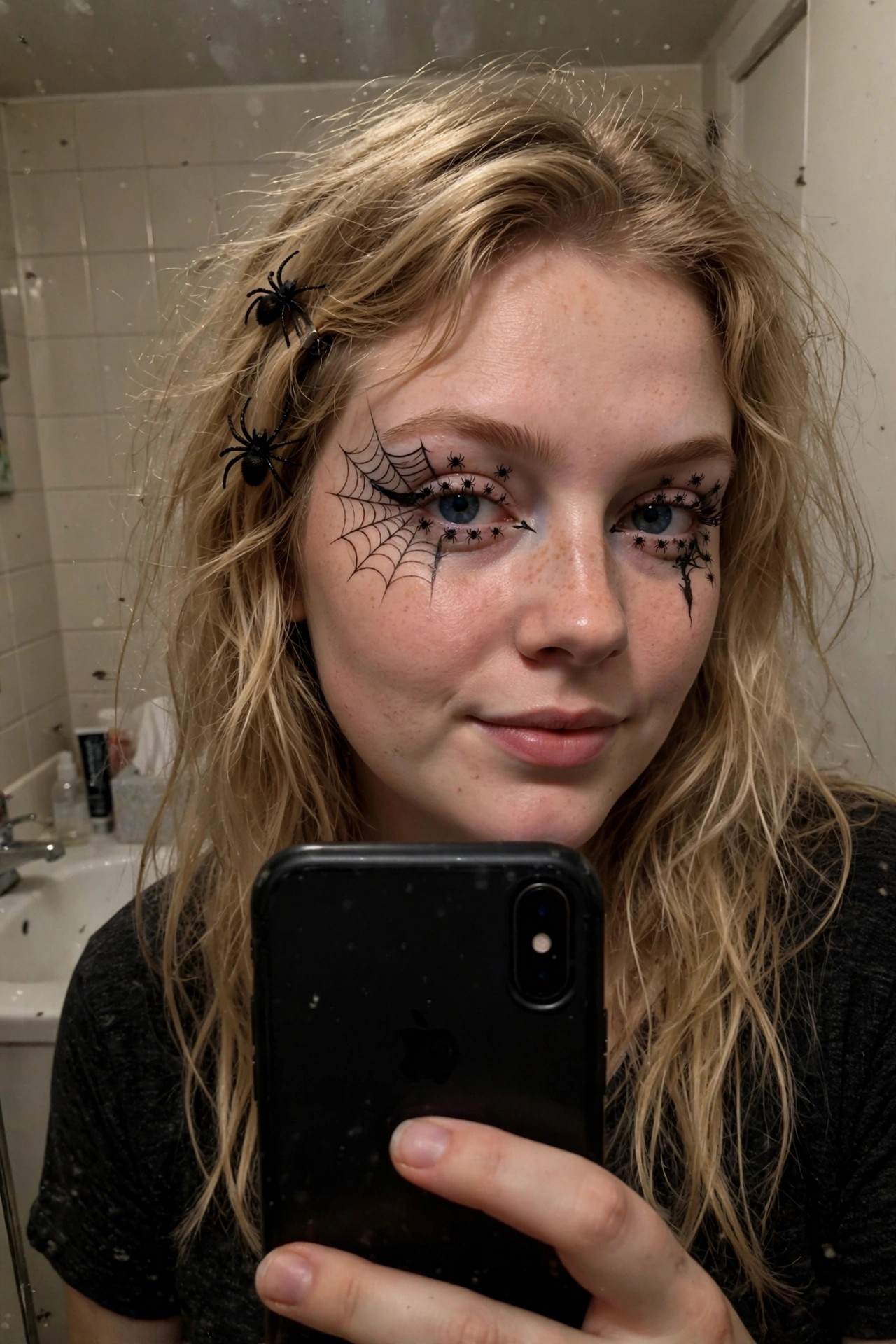 Close-up of spiderweb eyeliner makeup with small black spider accents on both eyes and black spider hair clips.