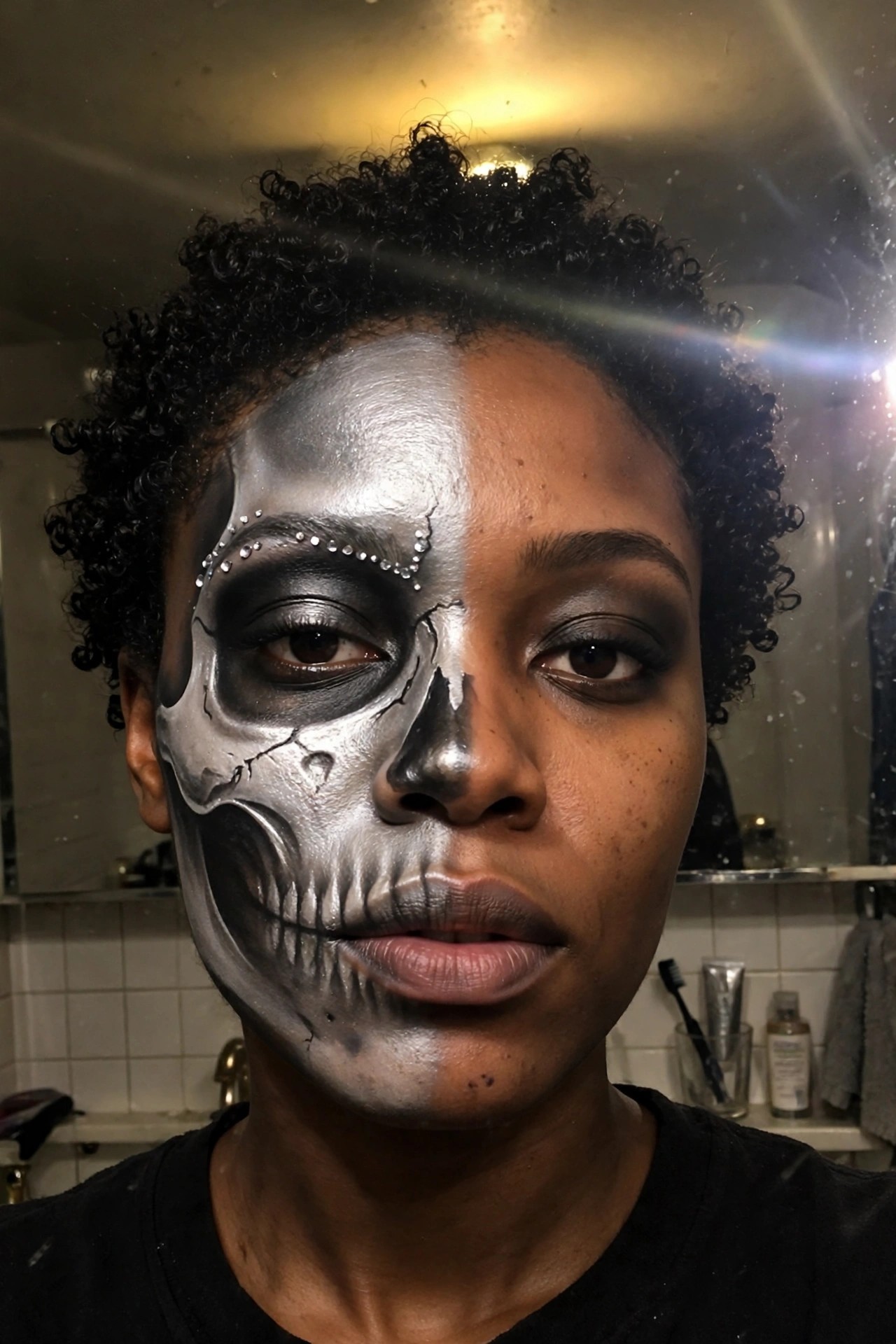 Close up of a woman wearing half skull face paint with metallic silver on the left side showing cracked bone details and rhinestones along the brow while the right side remains natural with smoky eye makeup.
