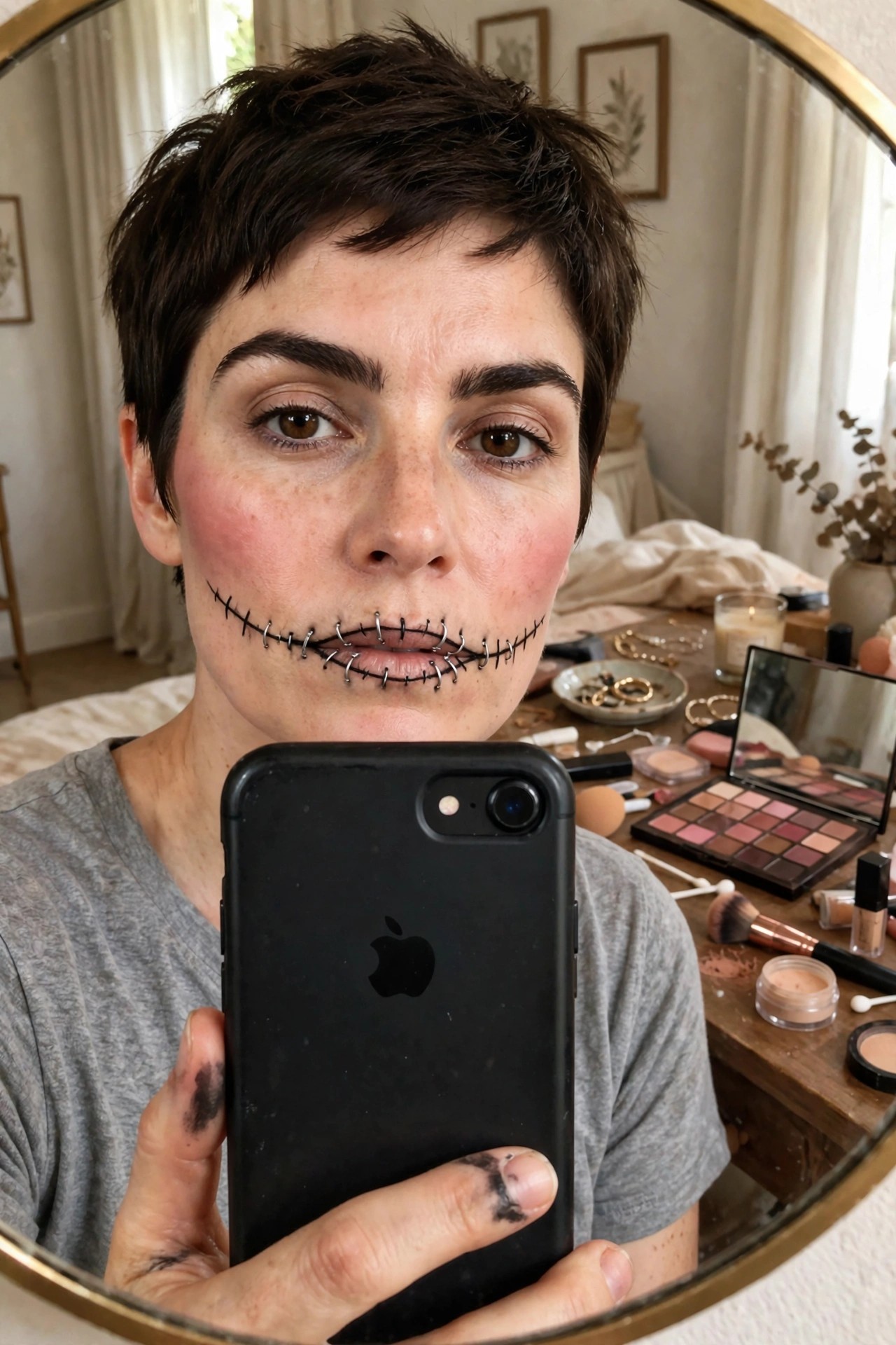 Close-up of stitched mouth Halloween makeup with black lines and metal rings across the lips on a person with short dark hair.