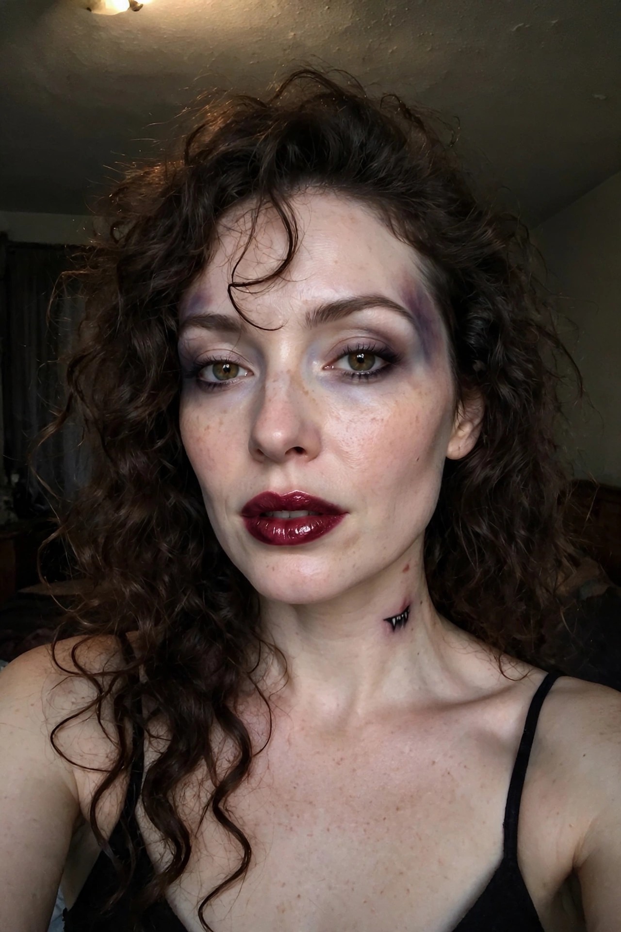 Close up of dramatic purple and black bruised eye makeup with glossy dark red lips and a small vampire bite mark on the neck.