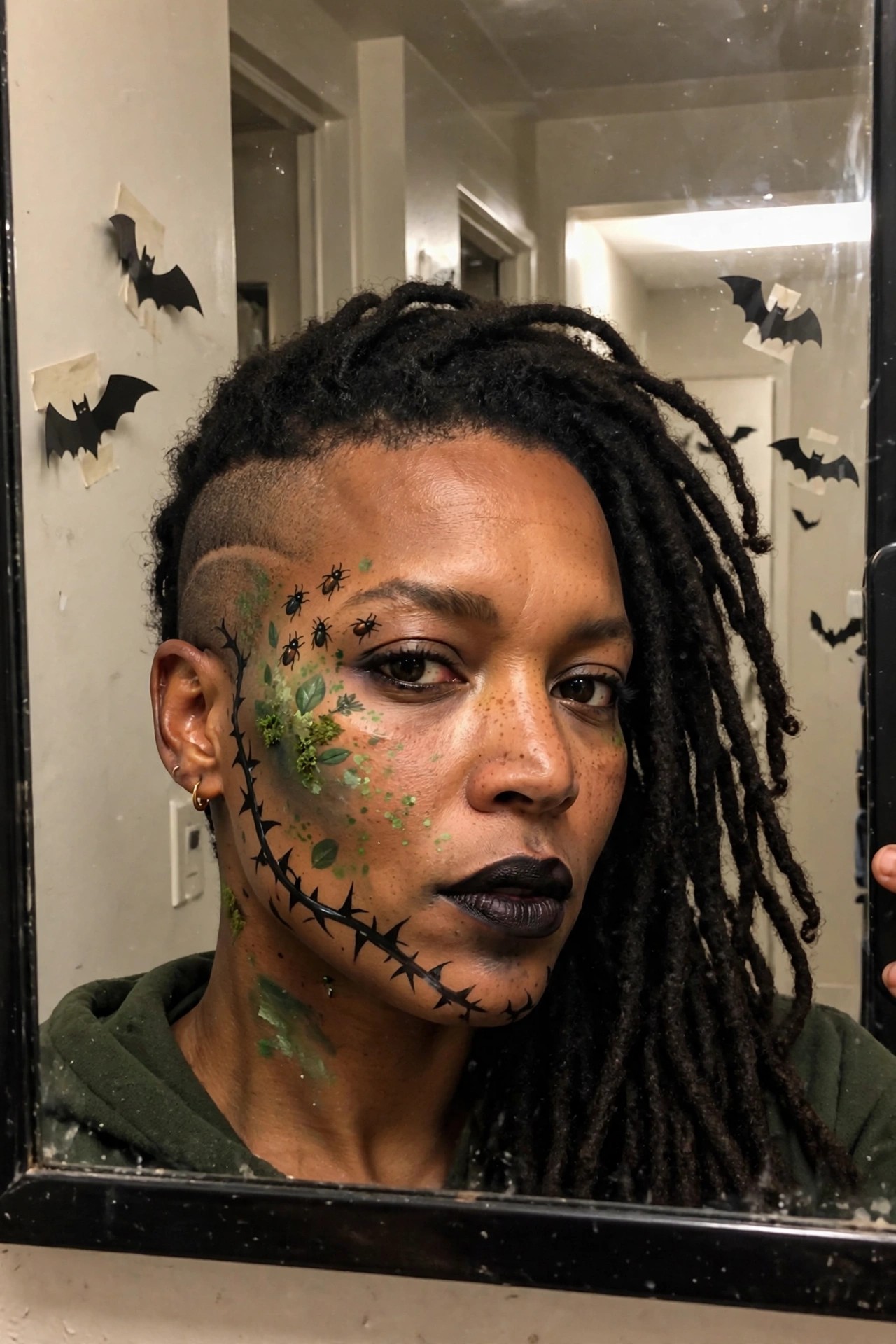 Close up of face with black barbed thorn line painted along cheek and jaw, green splatters, moss patches, small black insect decals near eye, and dark lips.