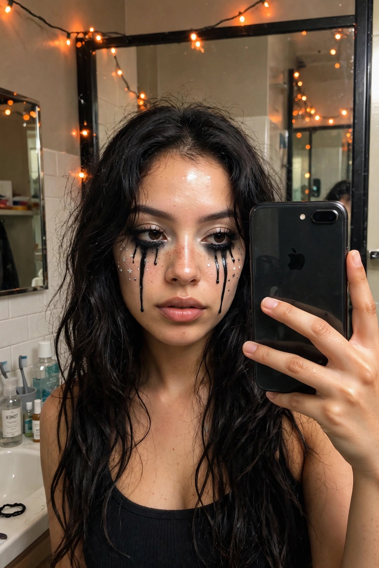 Close up of black dripping eye makeup with small star accents on the cheeks.