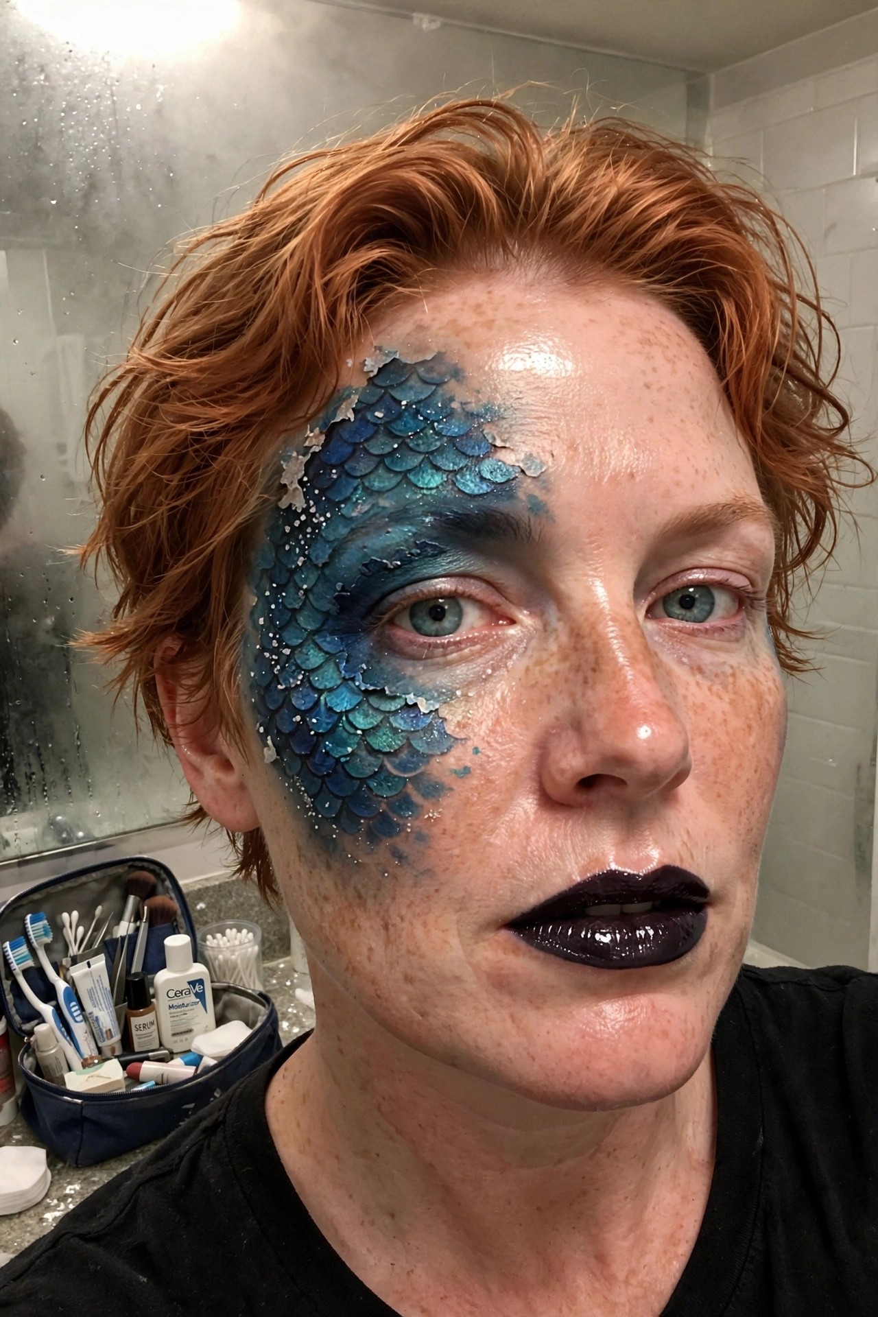 Close up of blue and teal scale face paint covering one eye and cheek with glitter accents and dark plum lips.