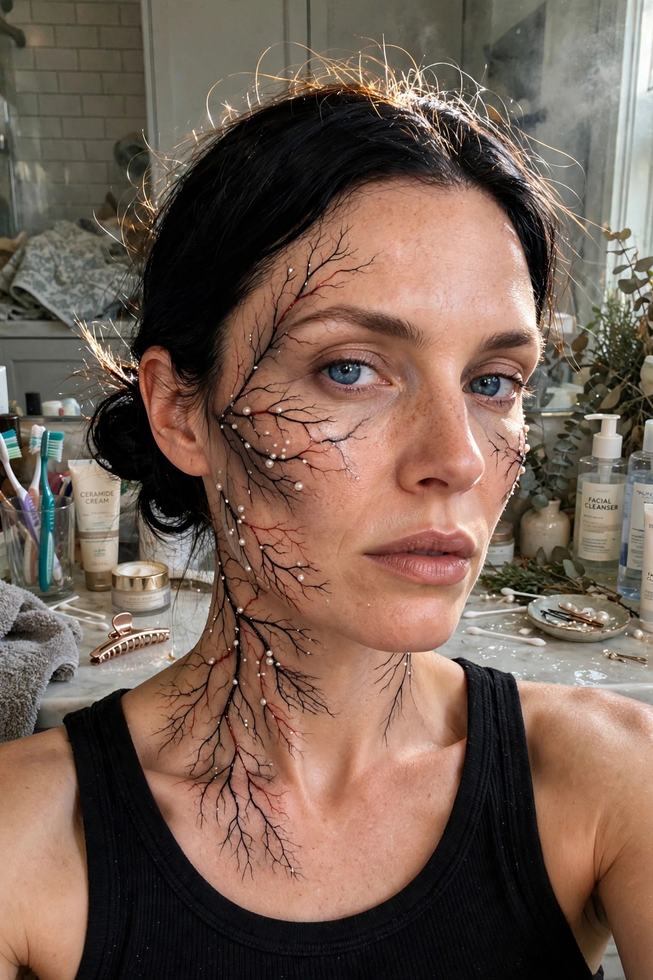 Close up of red and black branching vein makeup across a woman's face and neck with small white pearls placed along the lines.