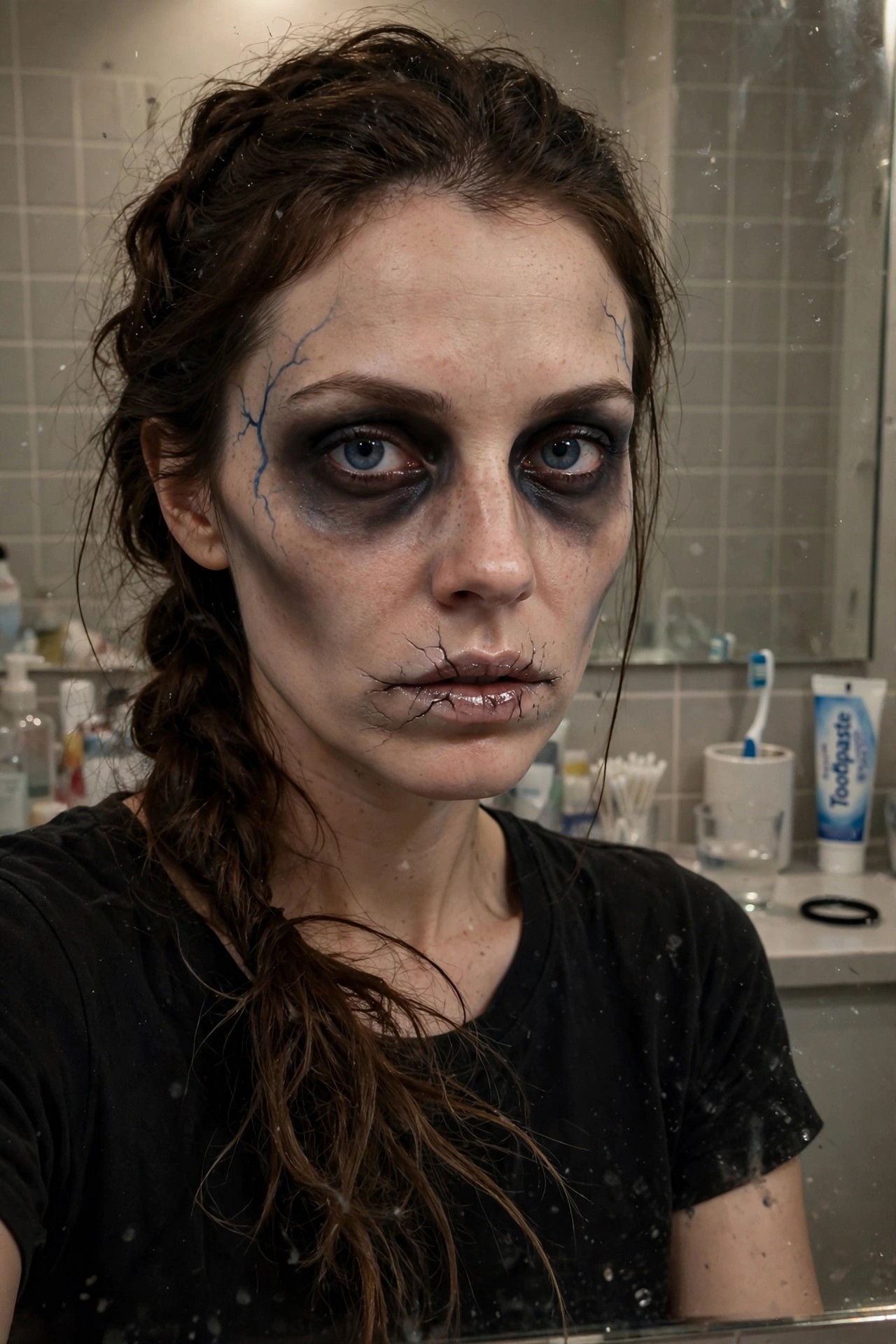 Close-up of cracked porcelain style Halloween makeup with black and blue fracture lines across the face, dark hollowed eyes, and glossy cracked lips.