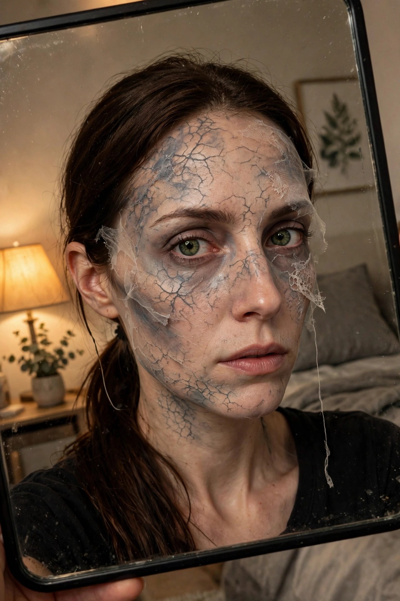 Close up of cracked porcelain style Halloween makeup with peeling layers across the face and neck.