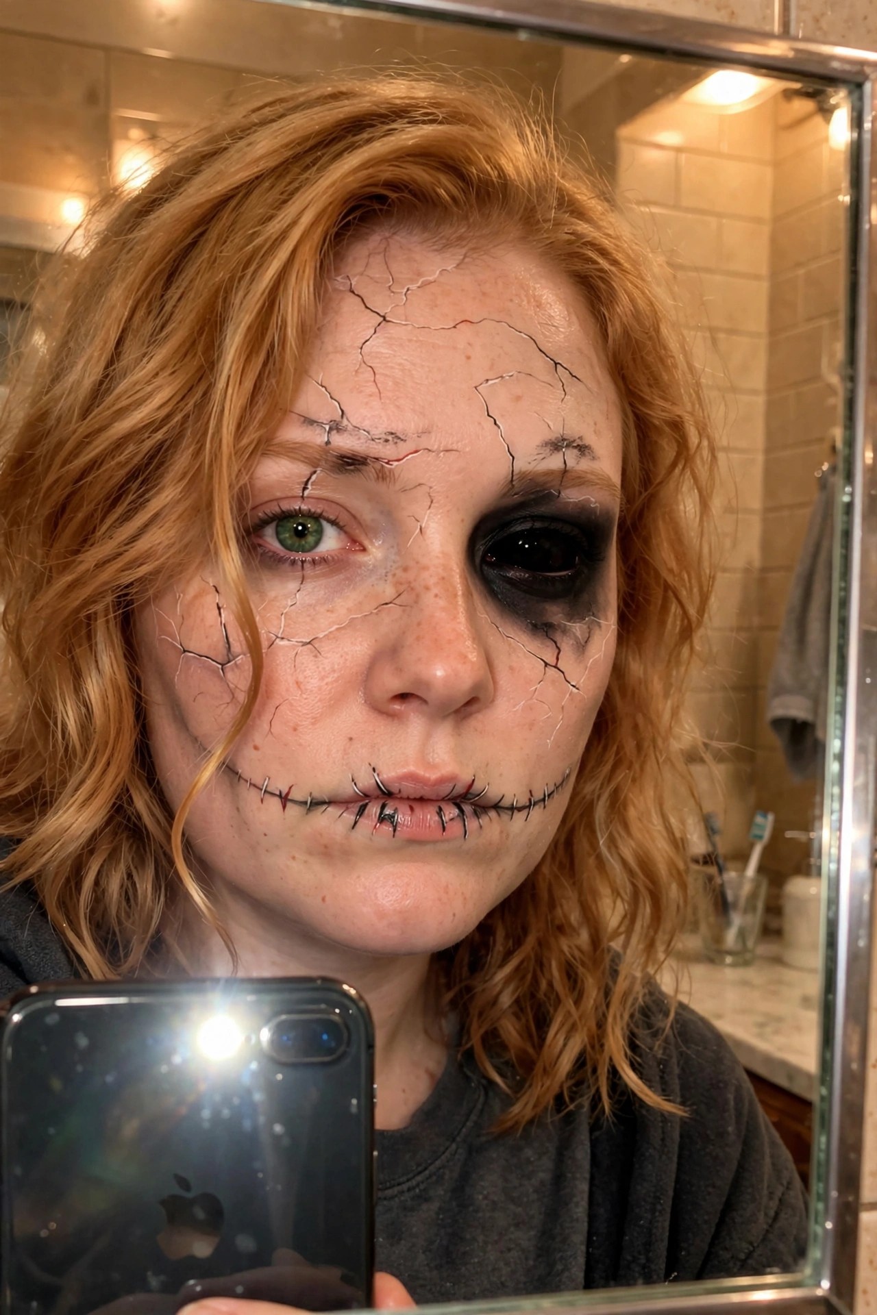 Close up of cracked porcelain makeup with black lines and red accents across forehead and cheeks plus stitched mouth and one eye fully blackened out.