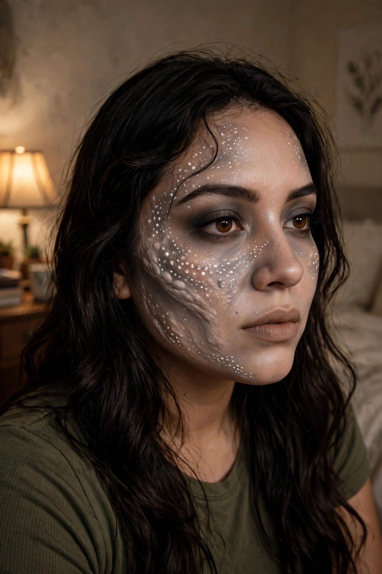 Close up of a woman with dark hair wearing gray face paint on the left side that includes raised white dots and a cracked texture, dark eye makeup, and neutral lips.