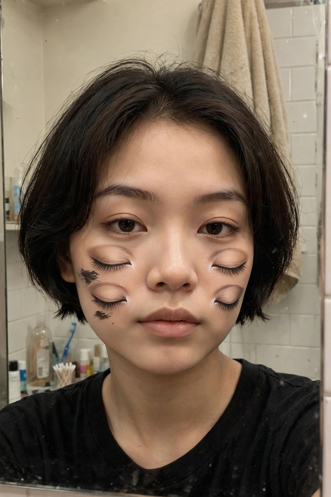 Close-up of face with multiple sets of false eyelashes applied around the eyes and lower on the cheeks, creating a multi-eyed effect, plus black smudge marks on one cheek.