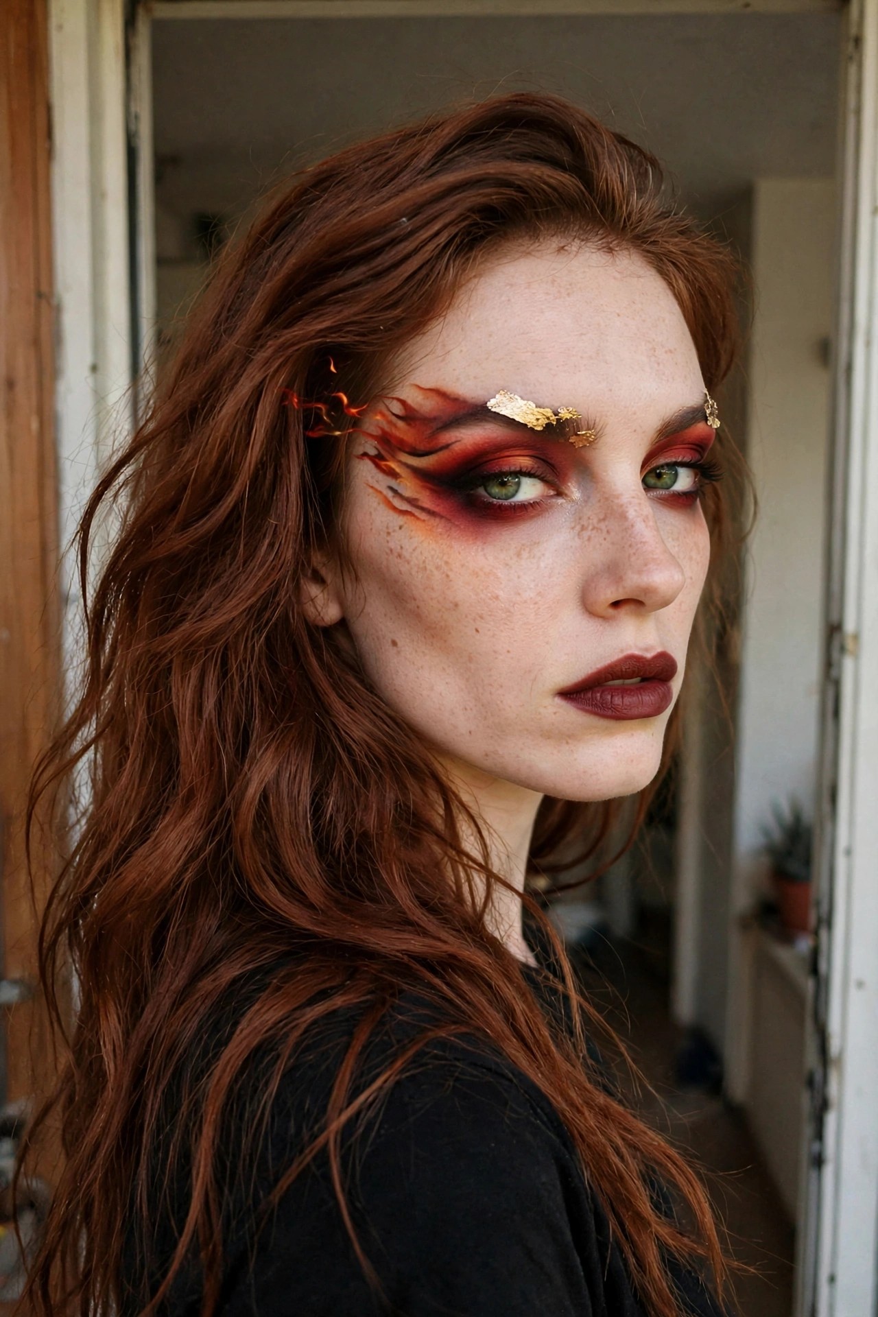 Close up of red and black flame eye makeup with gold leaf accents on the brows and dark red lips.