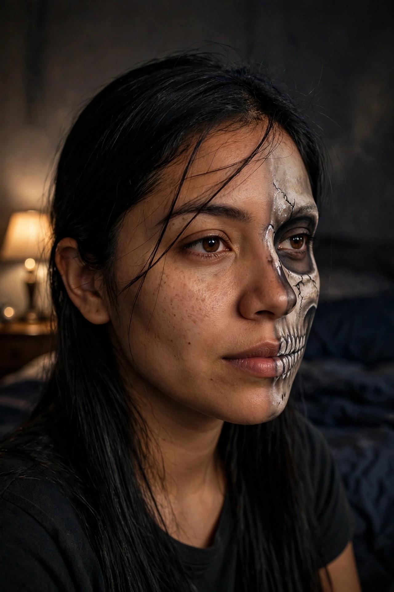 Close up of a woman with half her face painted as a cracked white skull showing teeth and dark eye socket while the other half remains natural skin with freckles.