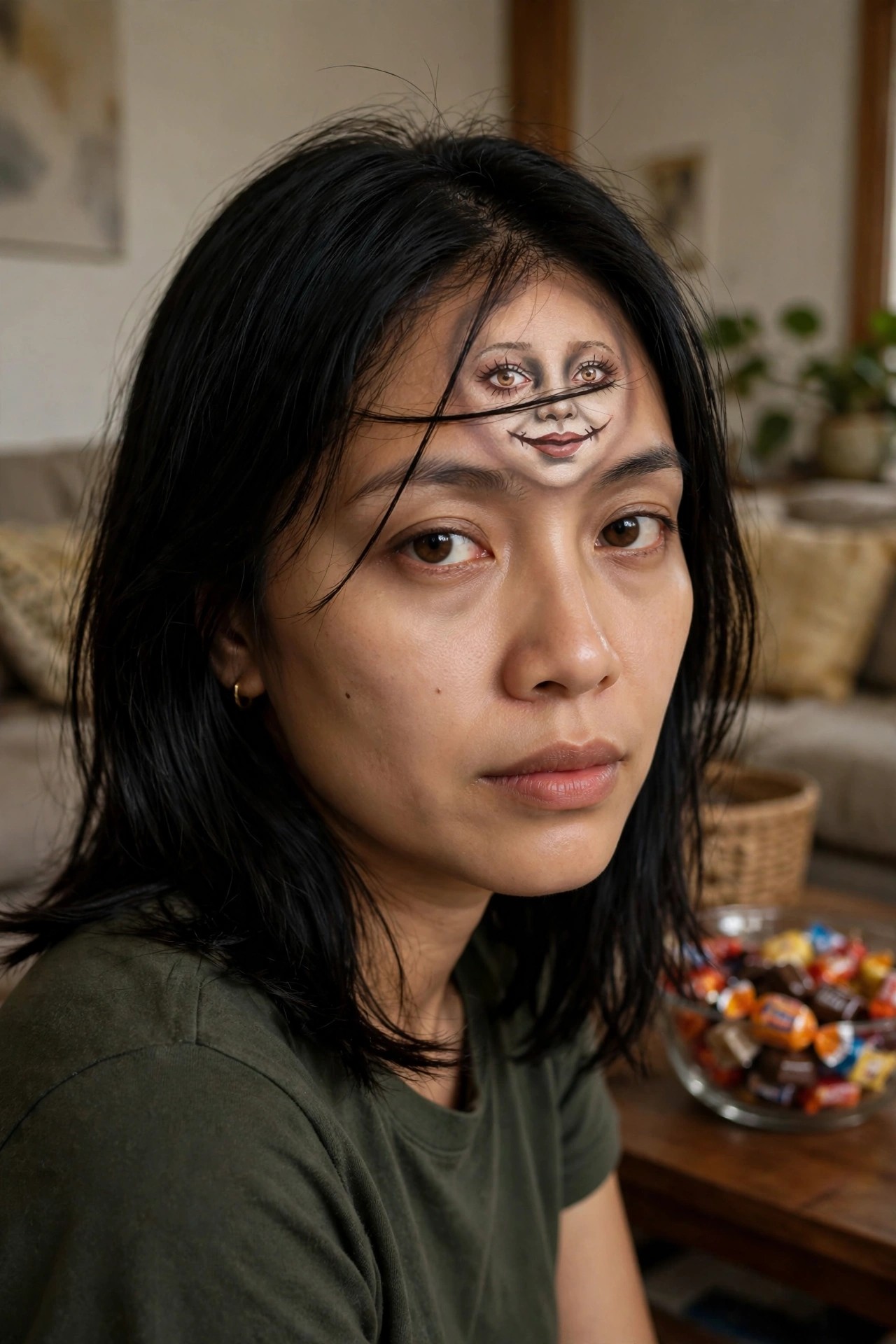 Close up of a woman with a miniature creepy face painted on her forehead featuring stitched mouth and separate eyes.