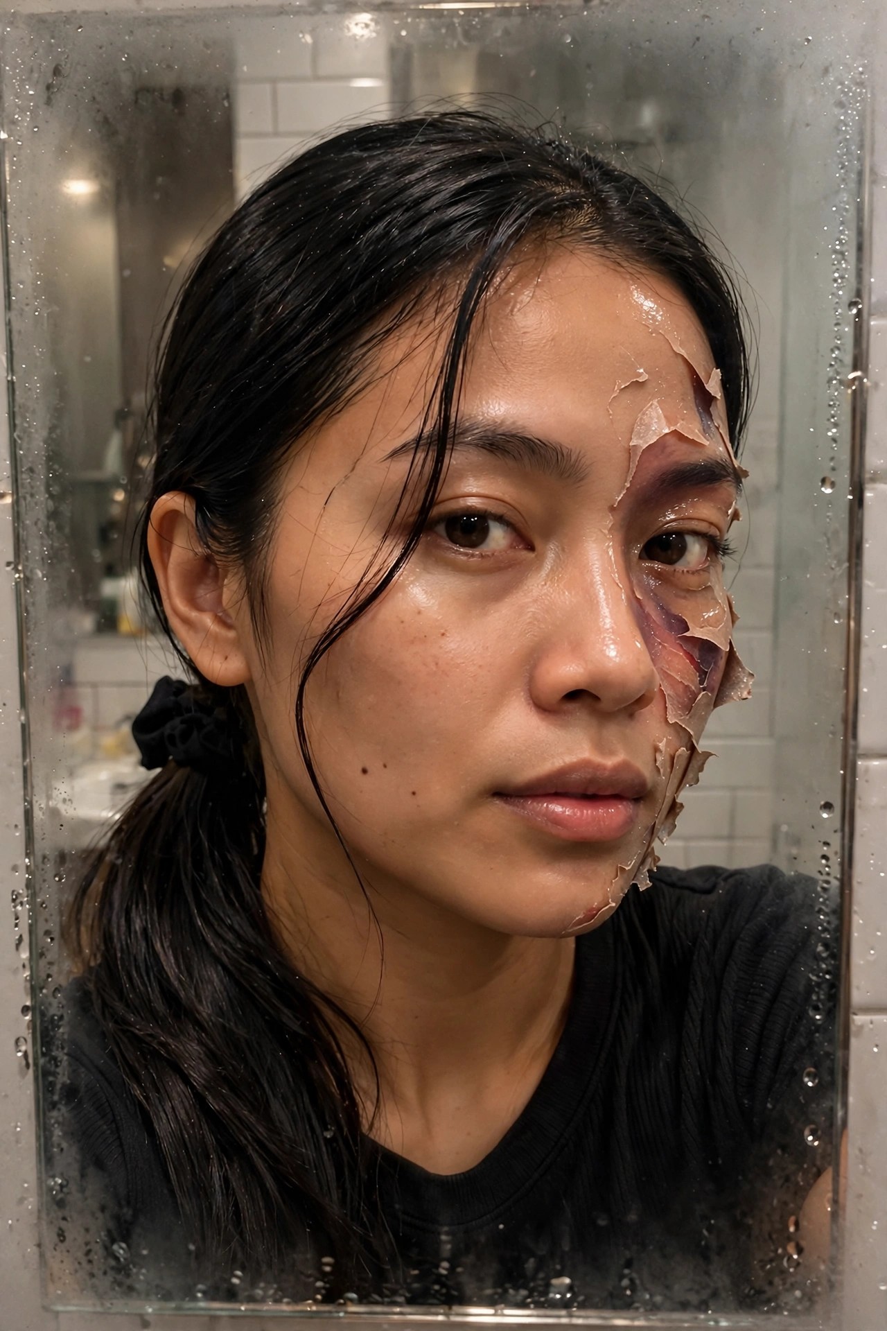 Close up of a woman with realistic peeling skin makeup covering the right side of her face, showing lifted edges and raw red and purple tones underneath.