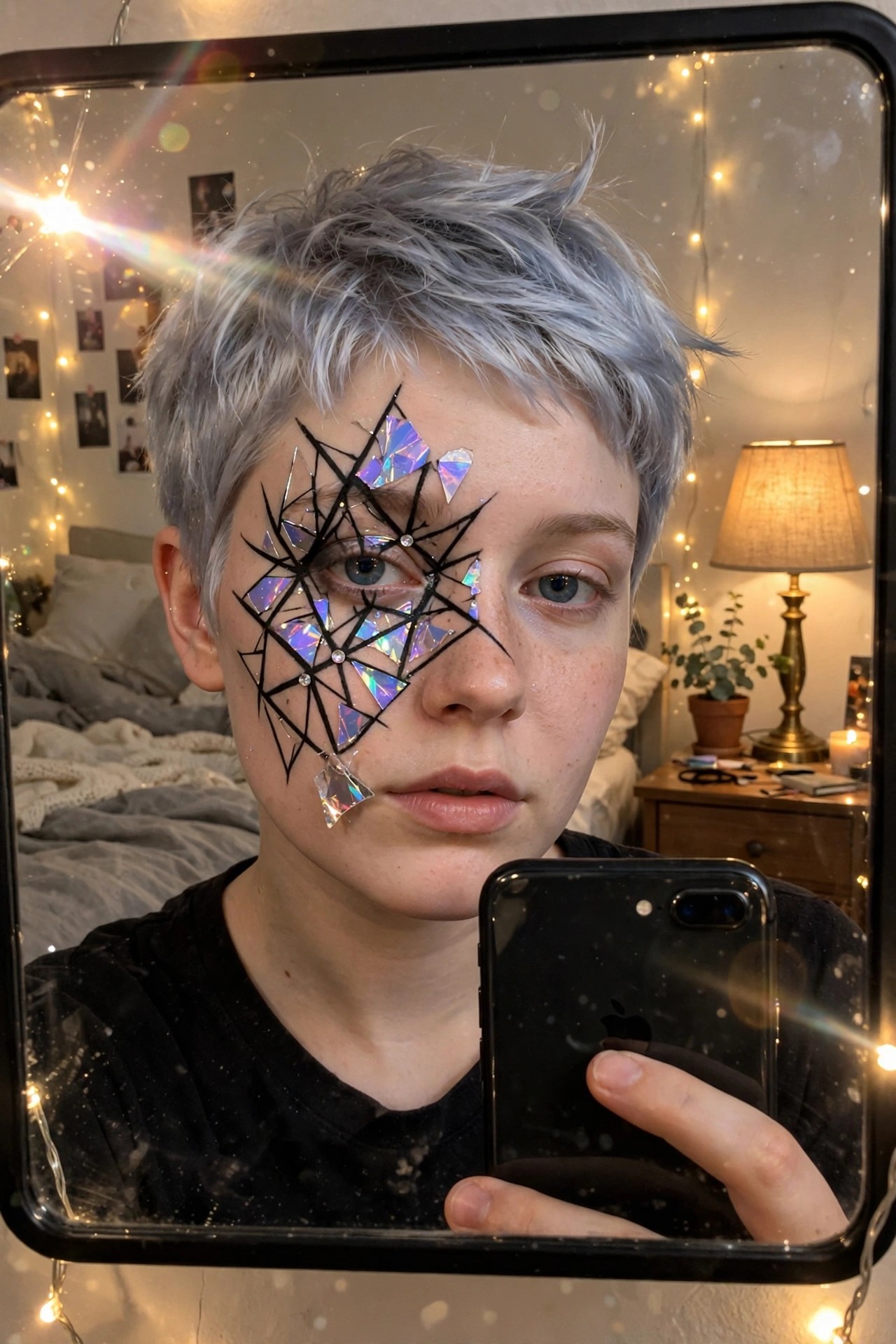 close up of face with black cracked lines and iridescent shards arranged like shattered glass around the left eye and cheek.