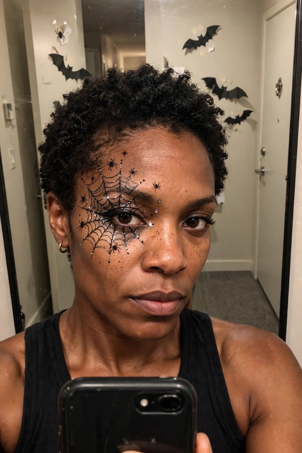 Close-up of spiderweb face paint extending from the eye across the temple and cheek, with small black spider details and silver glitter accents.