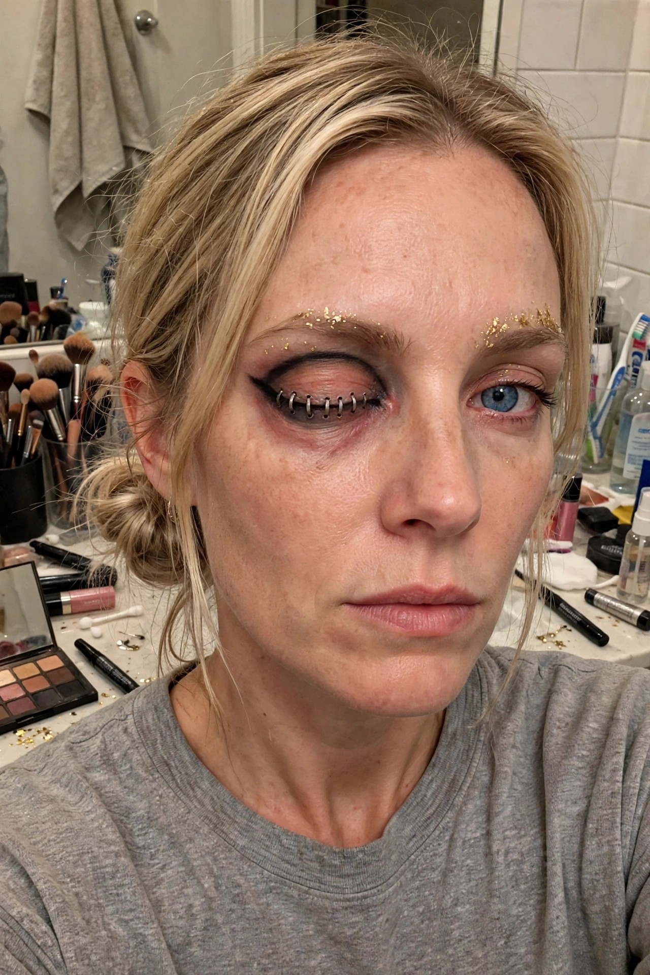 Close up of a woman with blonde hair wearing gray shirt and creepy Halloween makeup featuring a stitched closed left eye with metal rings and bruised shading while the right eye remains open.