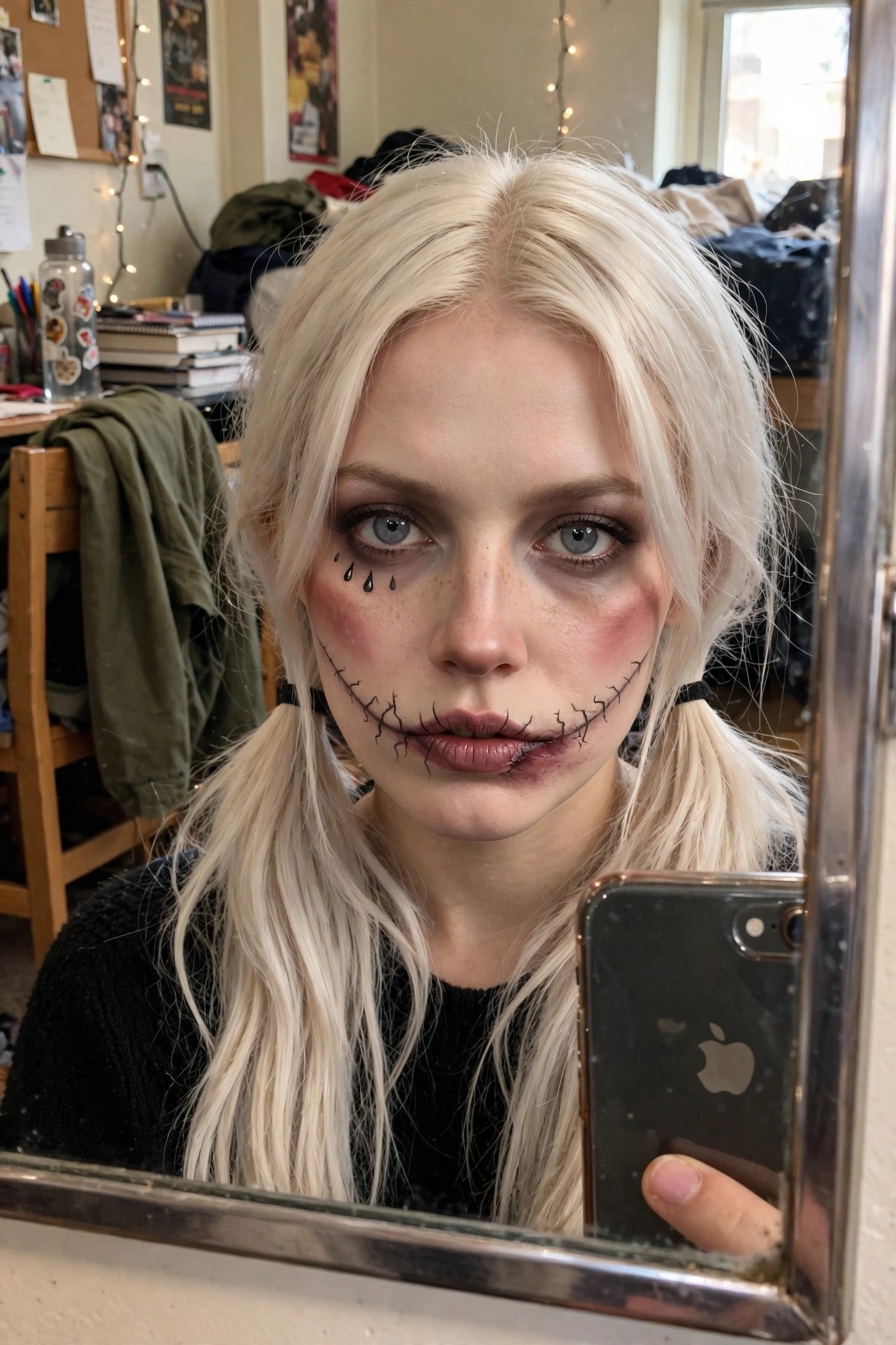 Close up of stitched mouth doll Halloween makeup with black thread lines around the lips, teardrop shapes under one eye, and bruised cheek shading on pale skin.