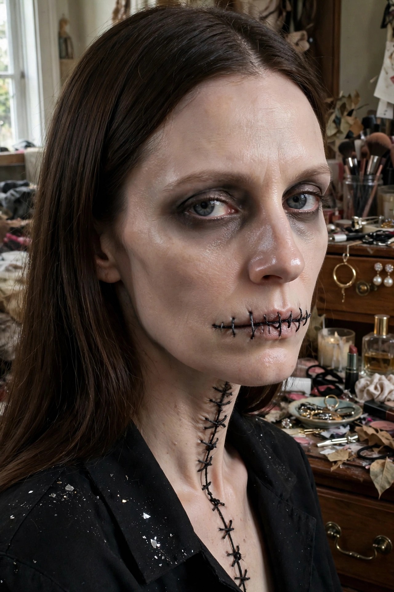 Close up of stitched mouth and neck makeup with black thread lines across the lips and down the throat on pale skin with dark eye makeup.