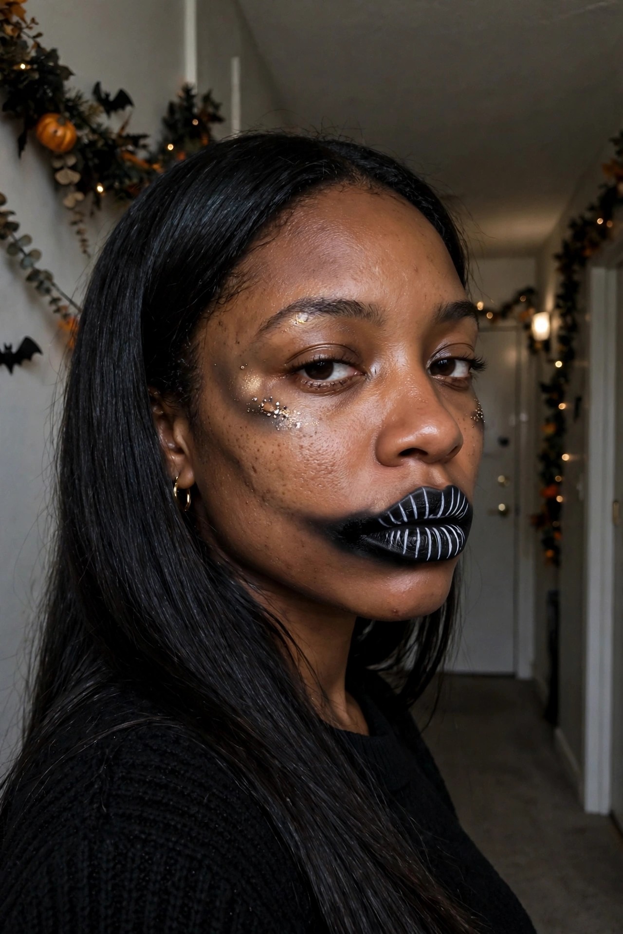 Close up of a woman wearing black and white striped lip makeup with black paint extending around the mouth and glitter accents on the cheeks.