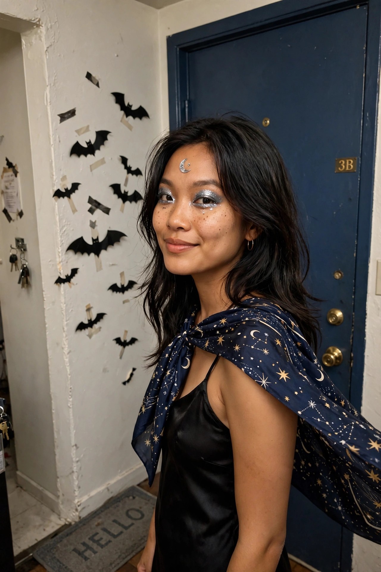 Woman wearing black satin camisole with blue scarf featuring gold moons and stars tied as a cape, silver glitter eye makeup, and crescent moon face jewel.