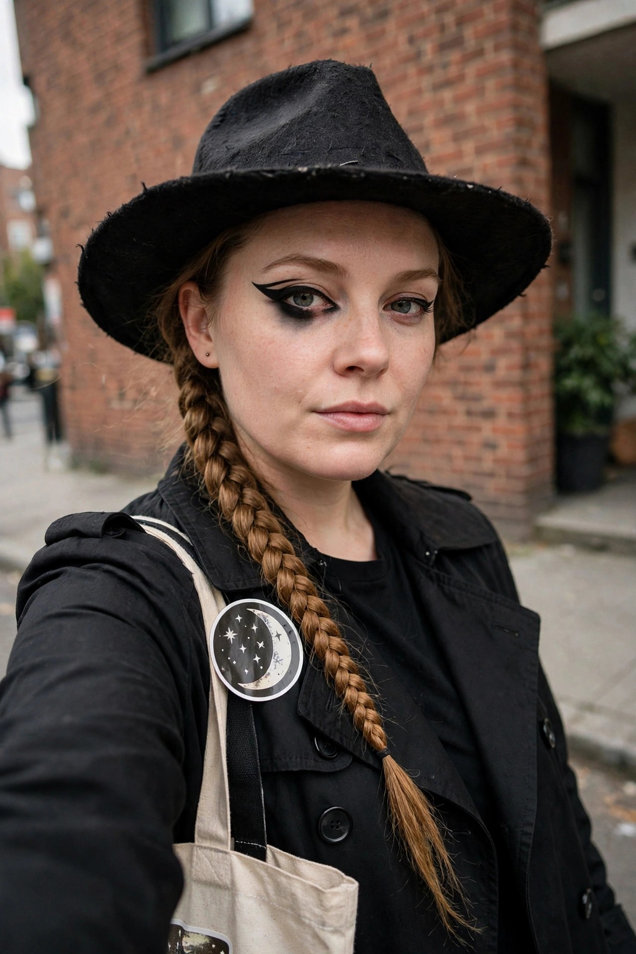 Woman wearing a black wide brim hat and dark jacket with a long braid and moon and stars sticker on her bag, showing a simple celestial witch costume with dramatic eye makeup.