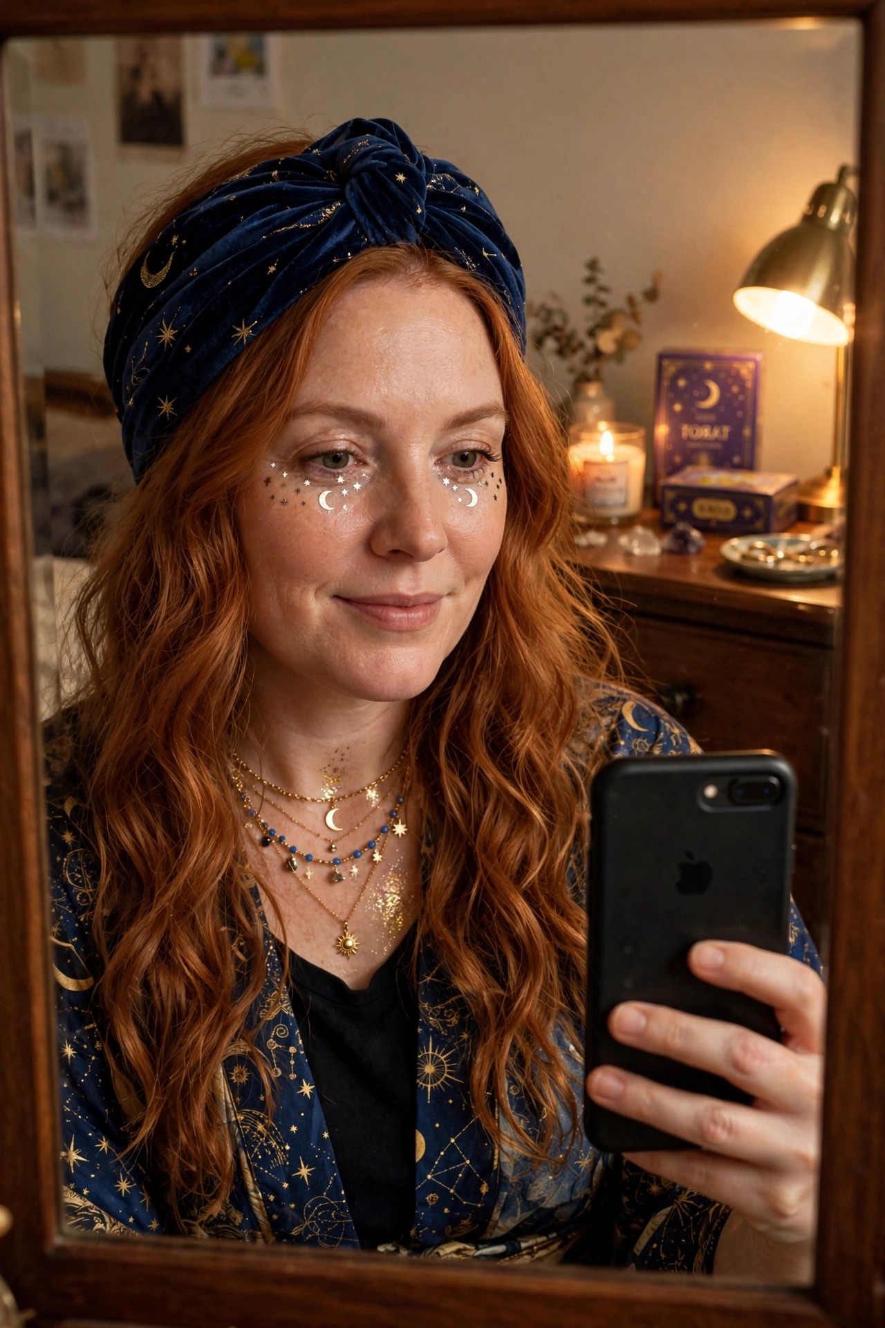 Woman wearing a blue celestial patterned robe and matching velvet turban with gold stars and moons, layered moon and star necklaces, and star and moon face jewels while taking a mirror selfie.