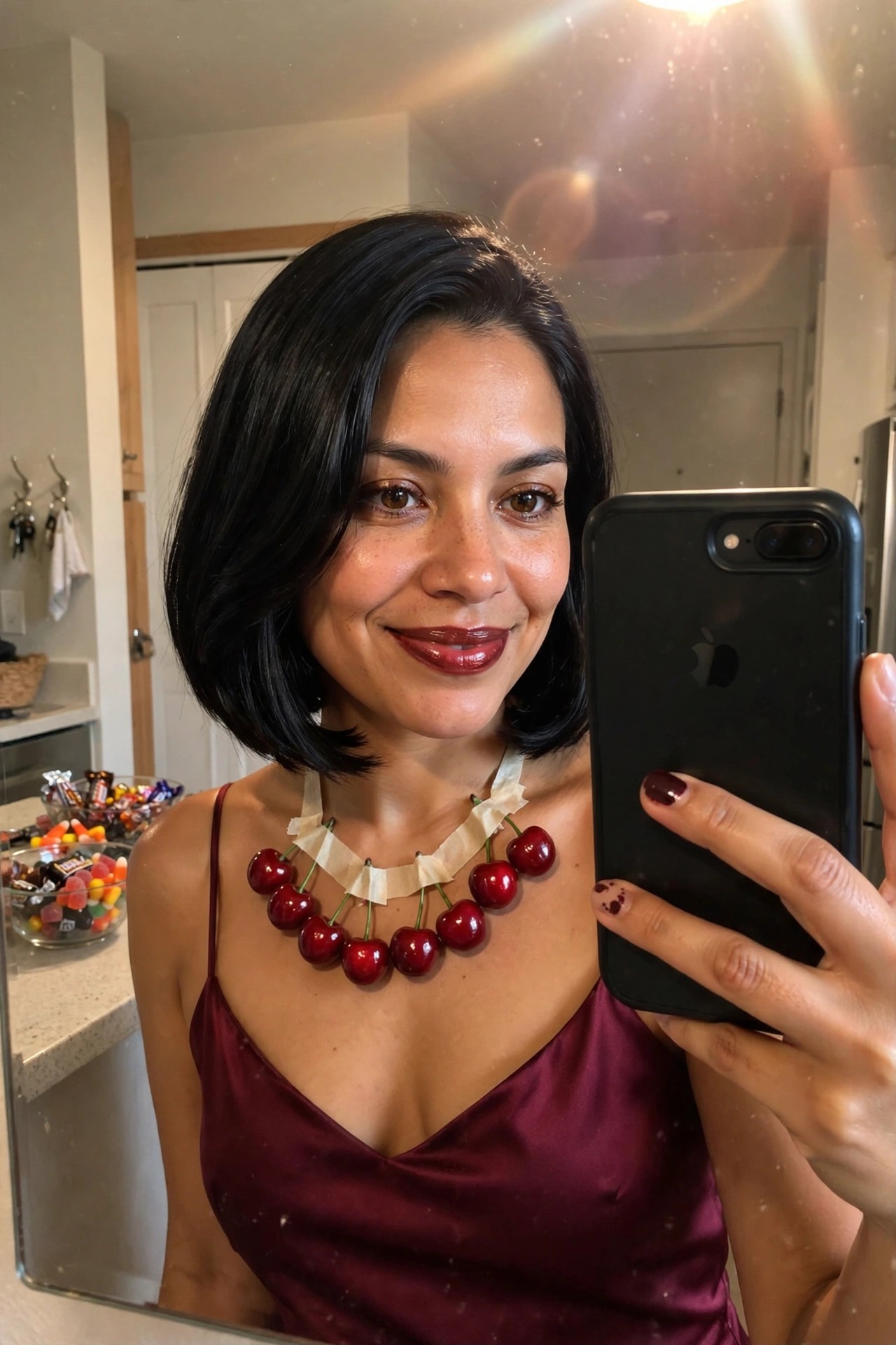 Woman wearing a DIY cherry necklace made from real cherries taped around her neck with beige medical tape as a last minute Halloween costume.