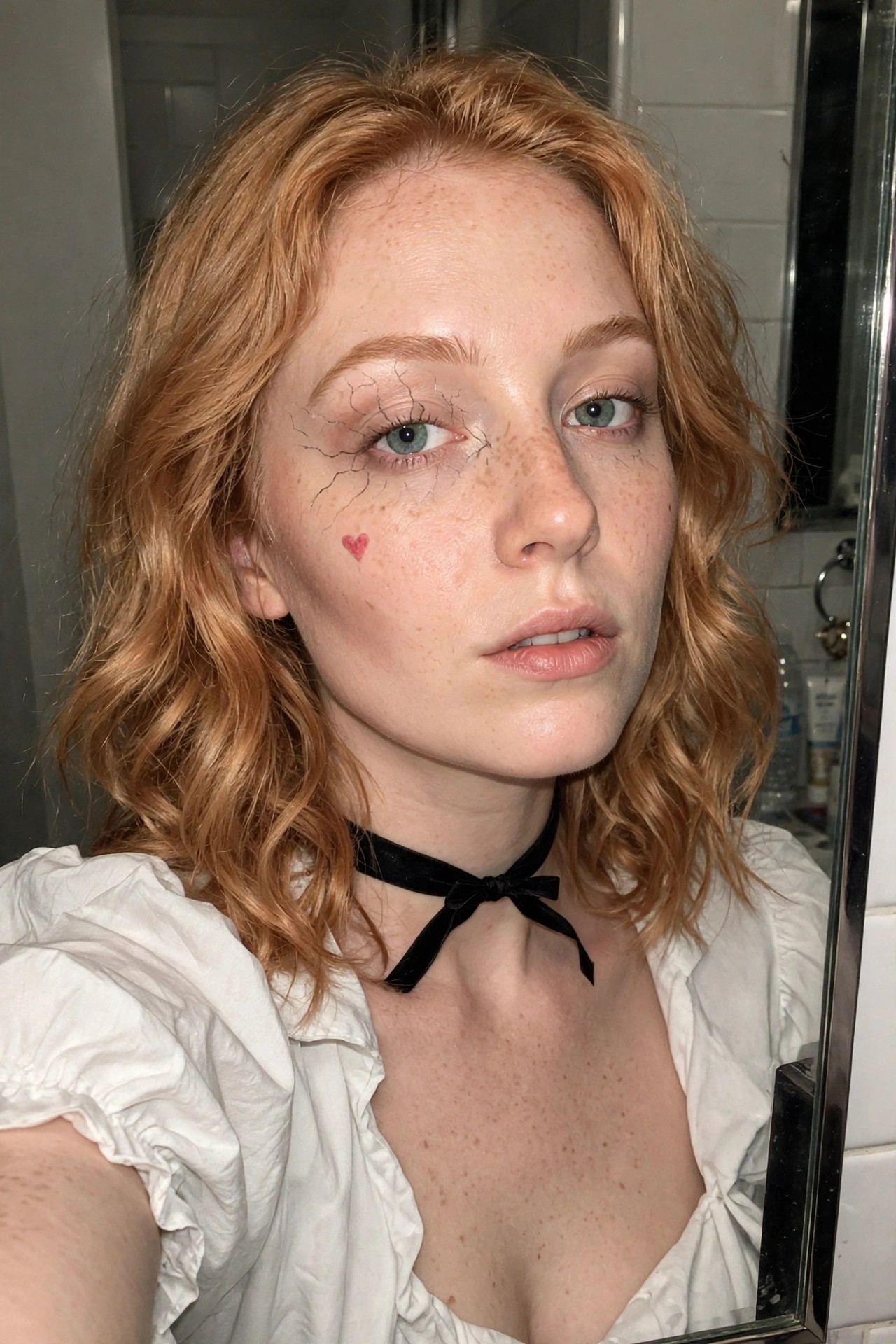 Woman with red hair wearing white top and black bow choker with cracked porcelain doll face paint around one eye and small red heart on cheek.