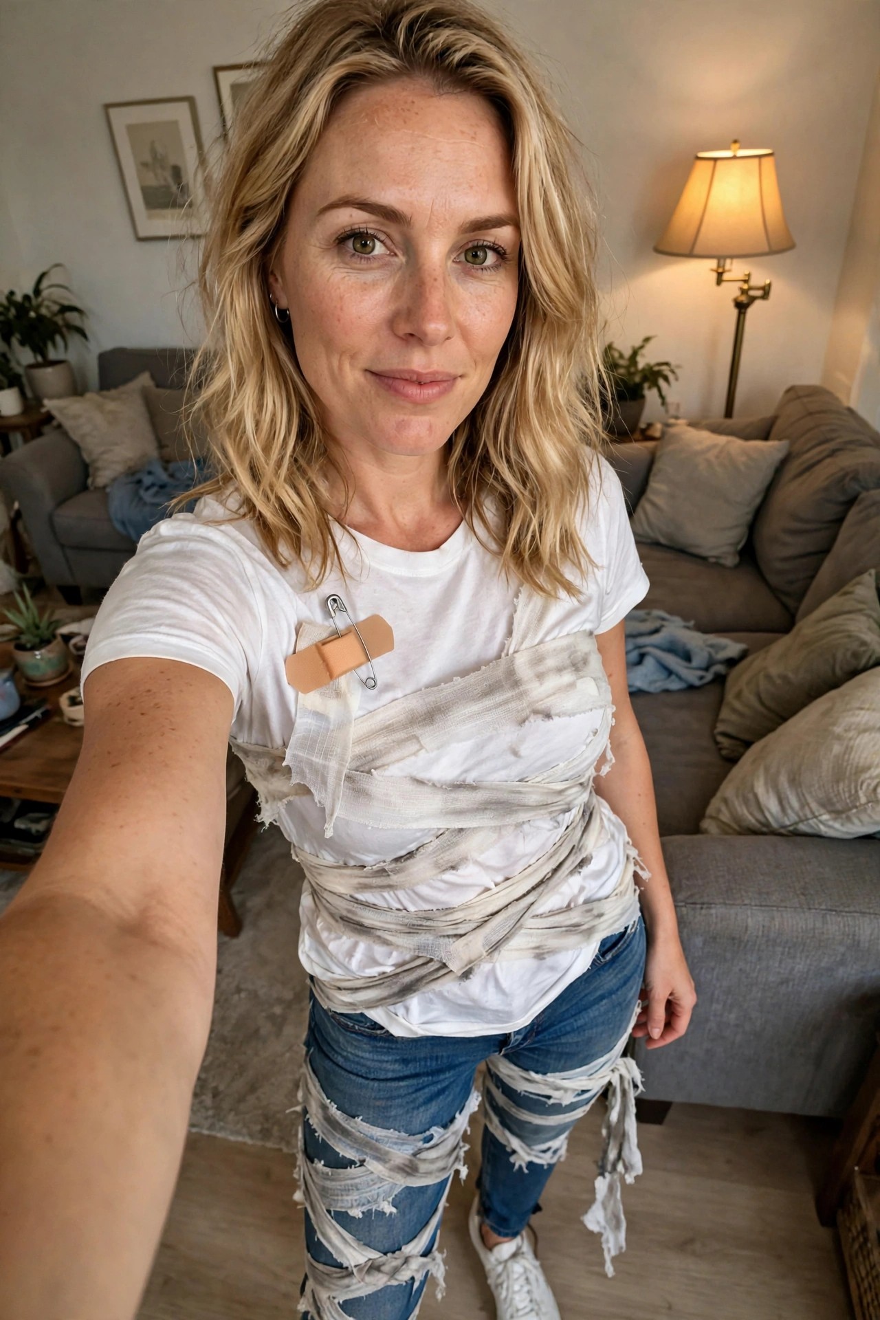 Woman wearing a DIY mummy costume made from torn white fabric strips wrapped around a white t-shirt and ripped jeans, with a safety pin and bandage detail on her chest.