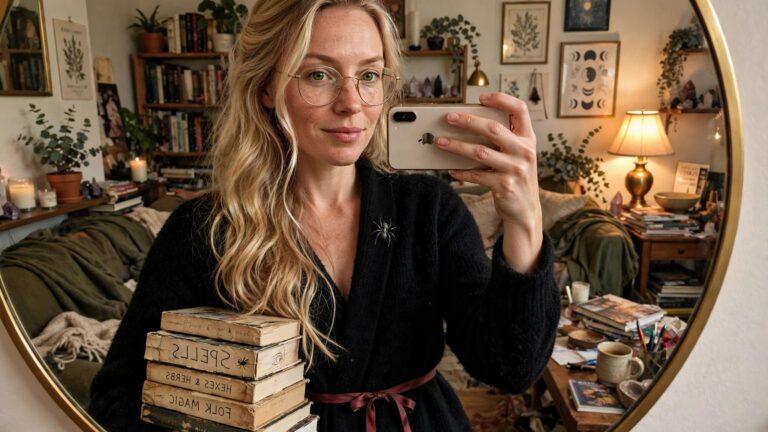 Woman in black robe holding stack of old spell books titled Spells, Hexes for Beginners, and Herbal Lore & Charms with spider brooch visible.