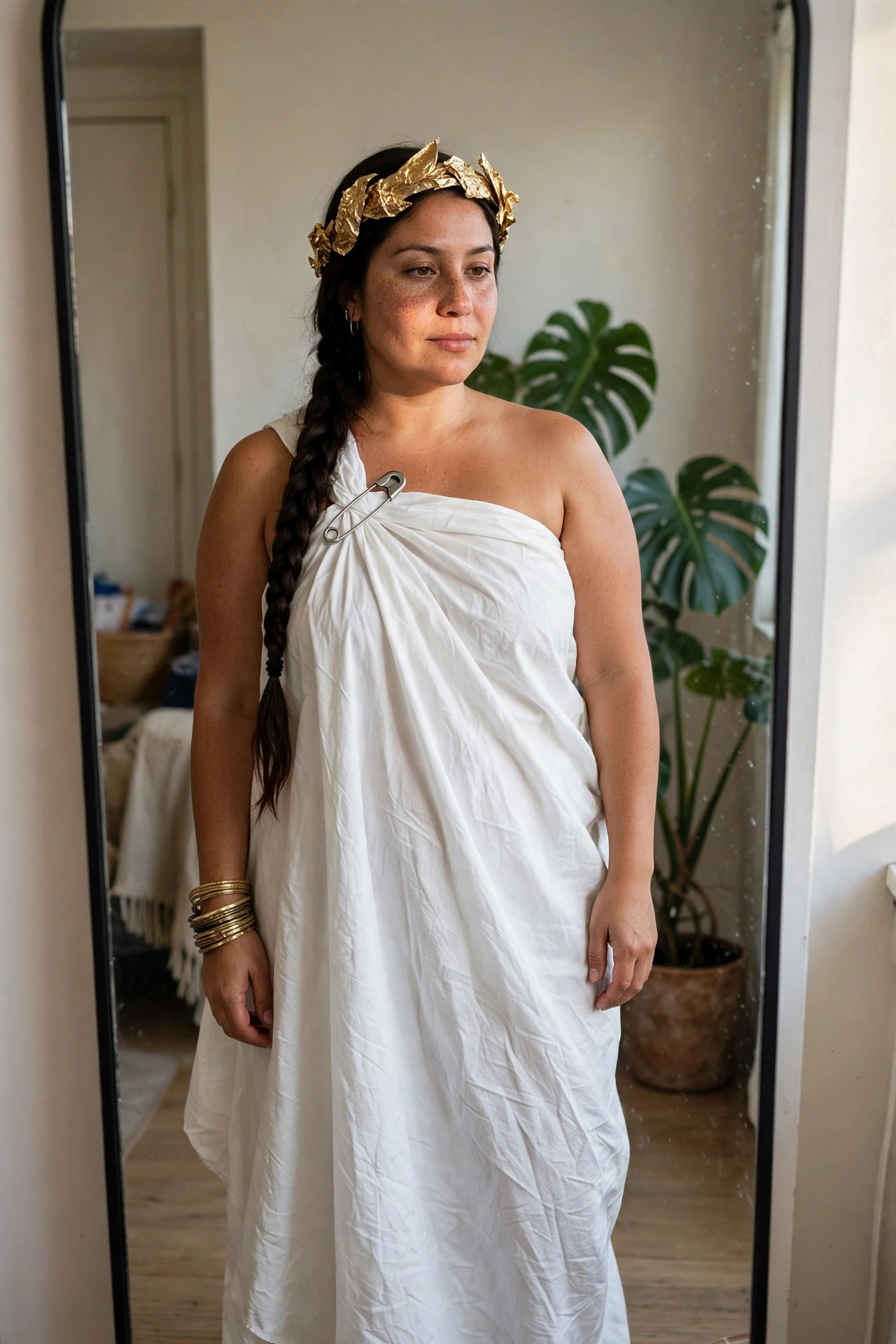 Woman wearing a white sheet draped as a toga and secured with a large safety pin, paired with a gold leaf crown and long braid for a Greek goddess costume.