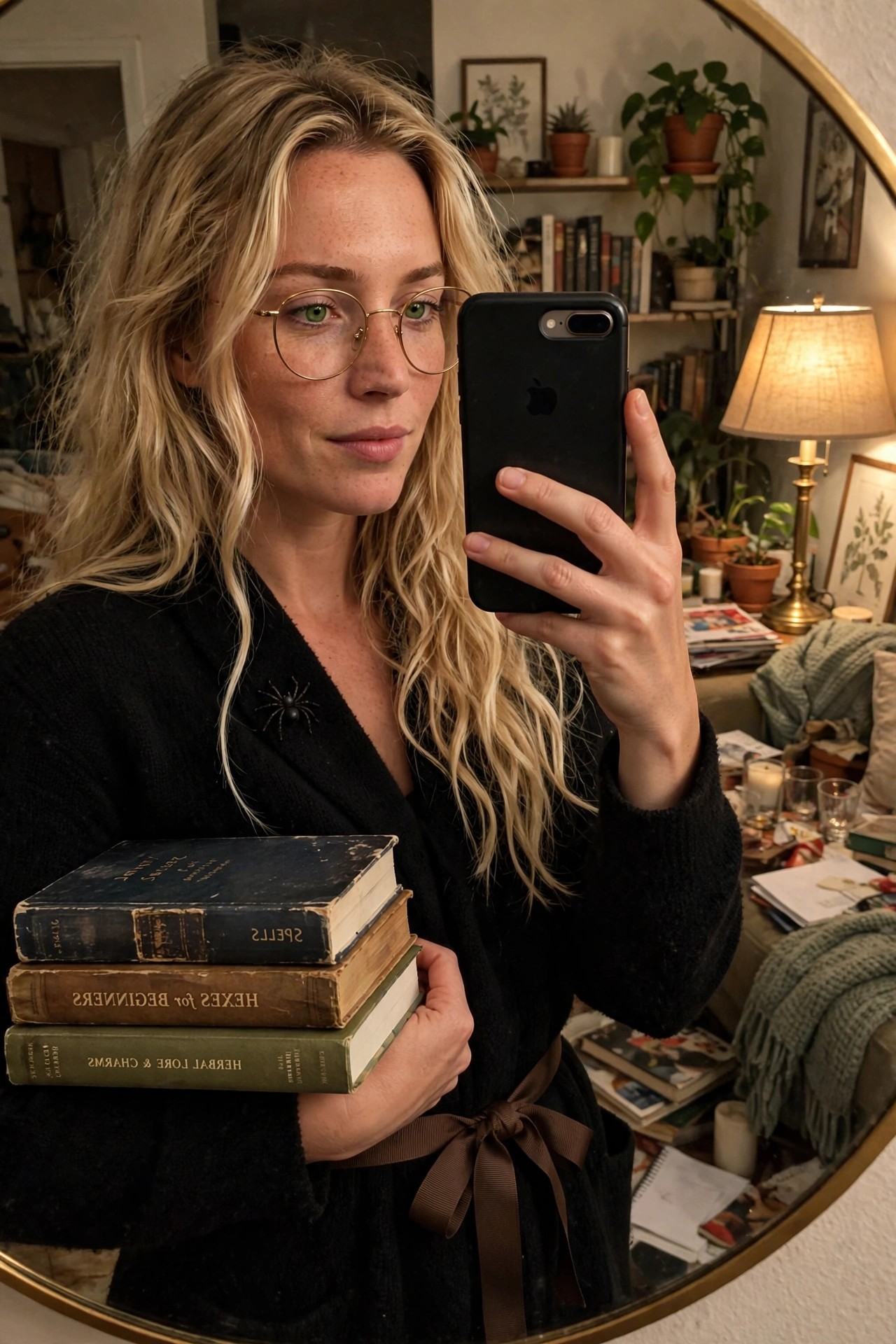 Woman in black robe holding stack of old spell books titled Spells, Hexes for Beginners, and Herbal Lore & Charms with spider brooch visible.
