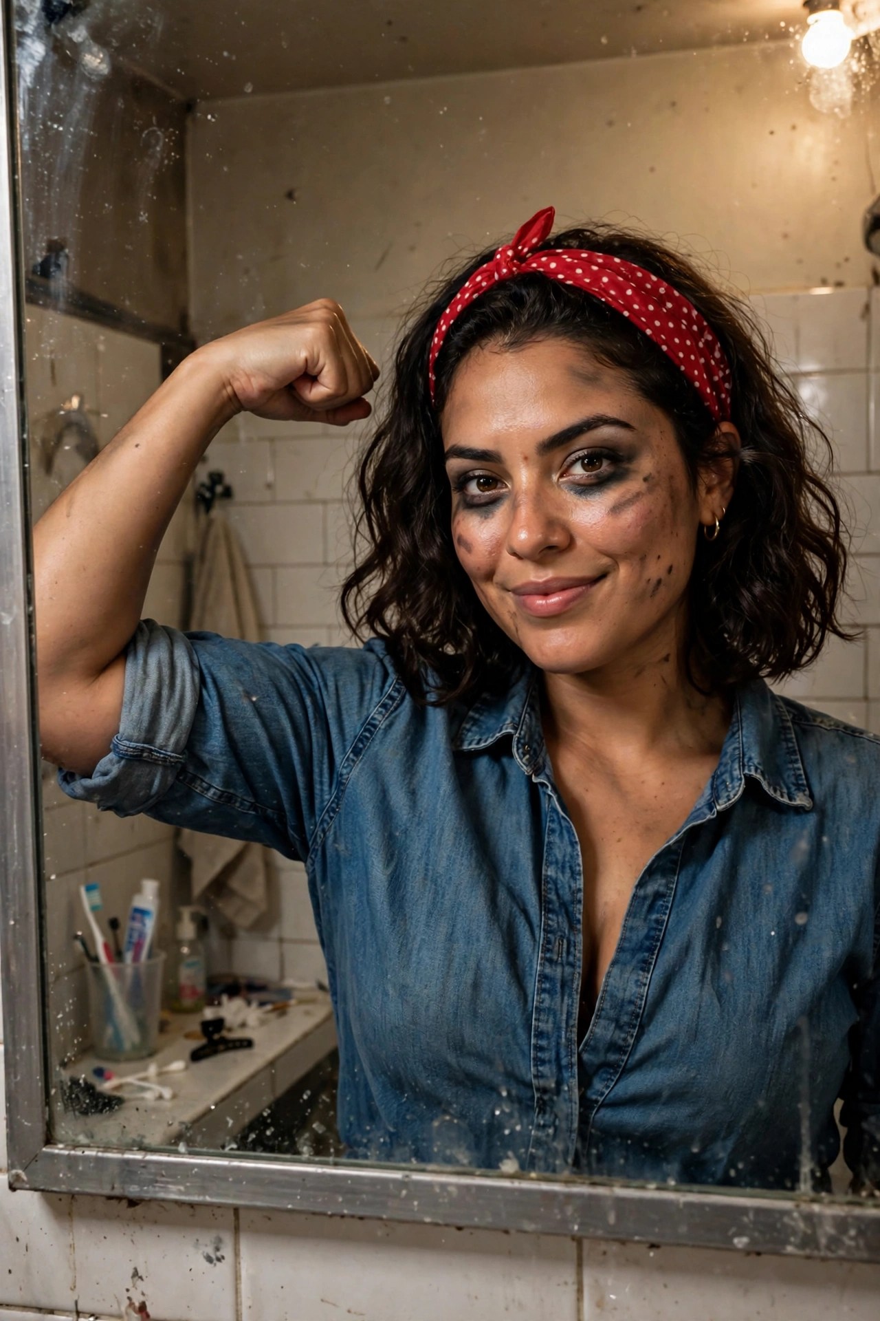 Woman wearing a red polka dot bandana and denim shirt flexing her arm while showing fake bruises and black eye makeup for a last minute boxer Halloween costume.