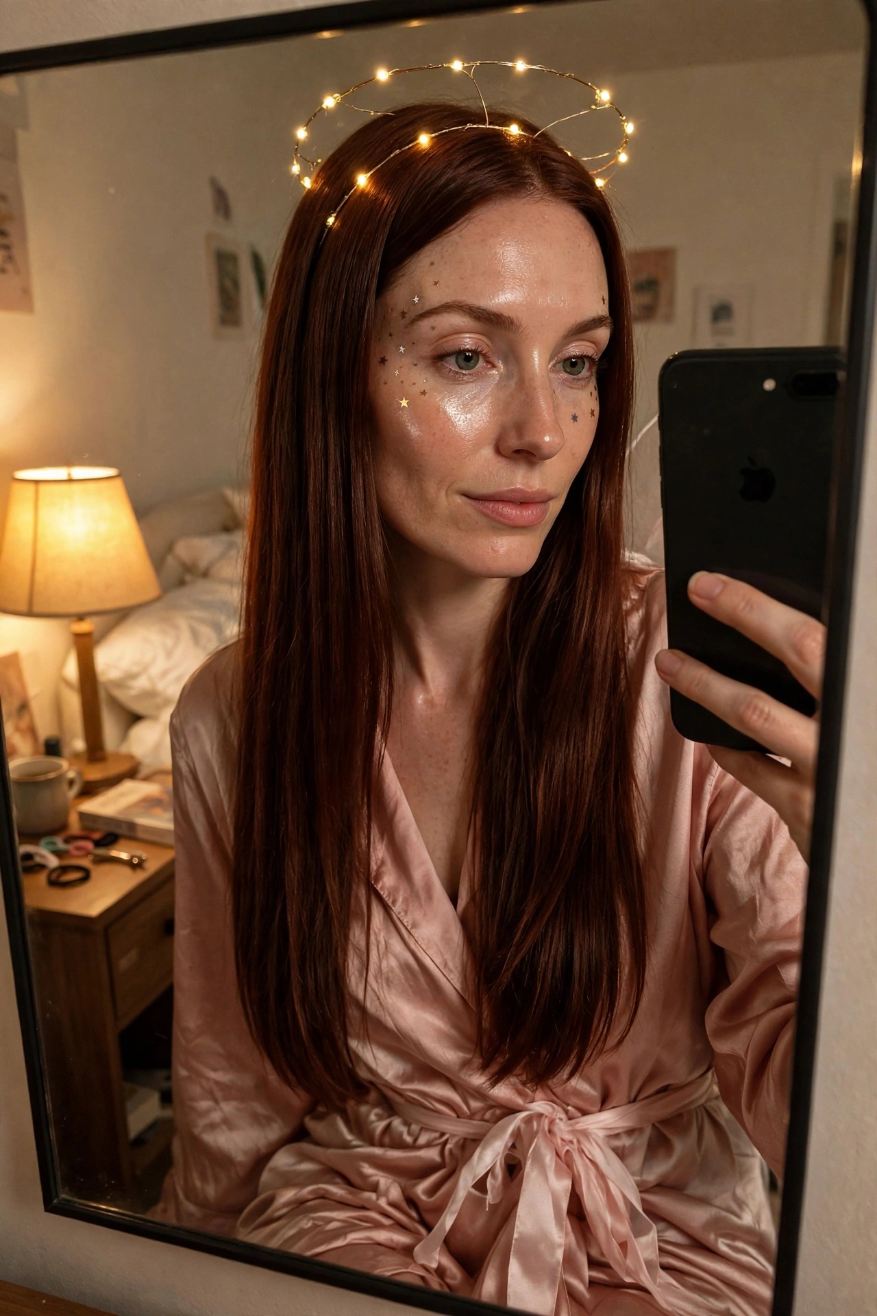 Woman wearing a light pink satin robe with a glowing wire halo headpiece and small star face jewels for an angel costume.