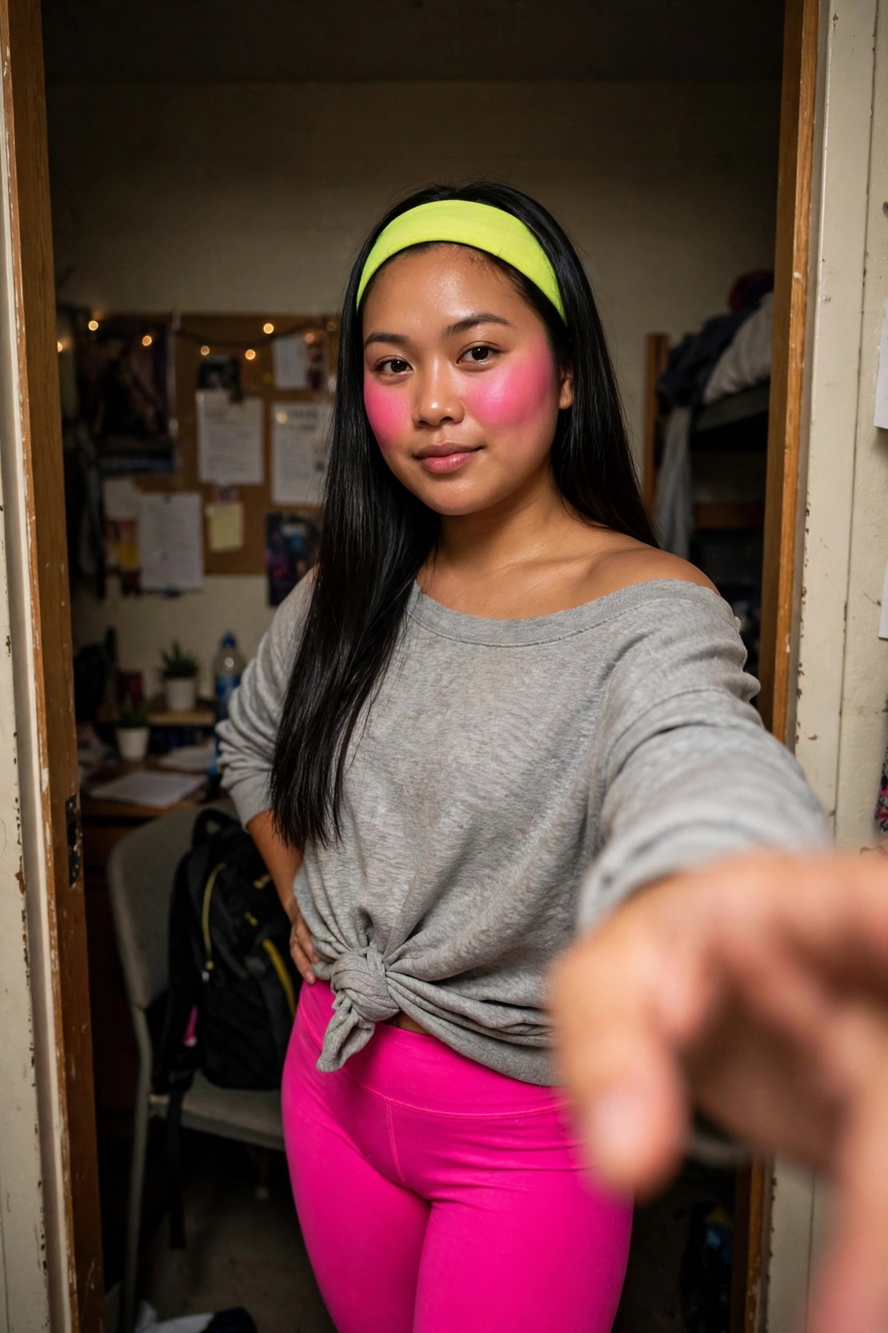 Woman in bright pink leggings and gray tied sweatshirt wearing a neon yellow headband and pink blush for an easy last-minute activewear costume.