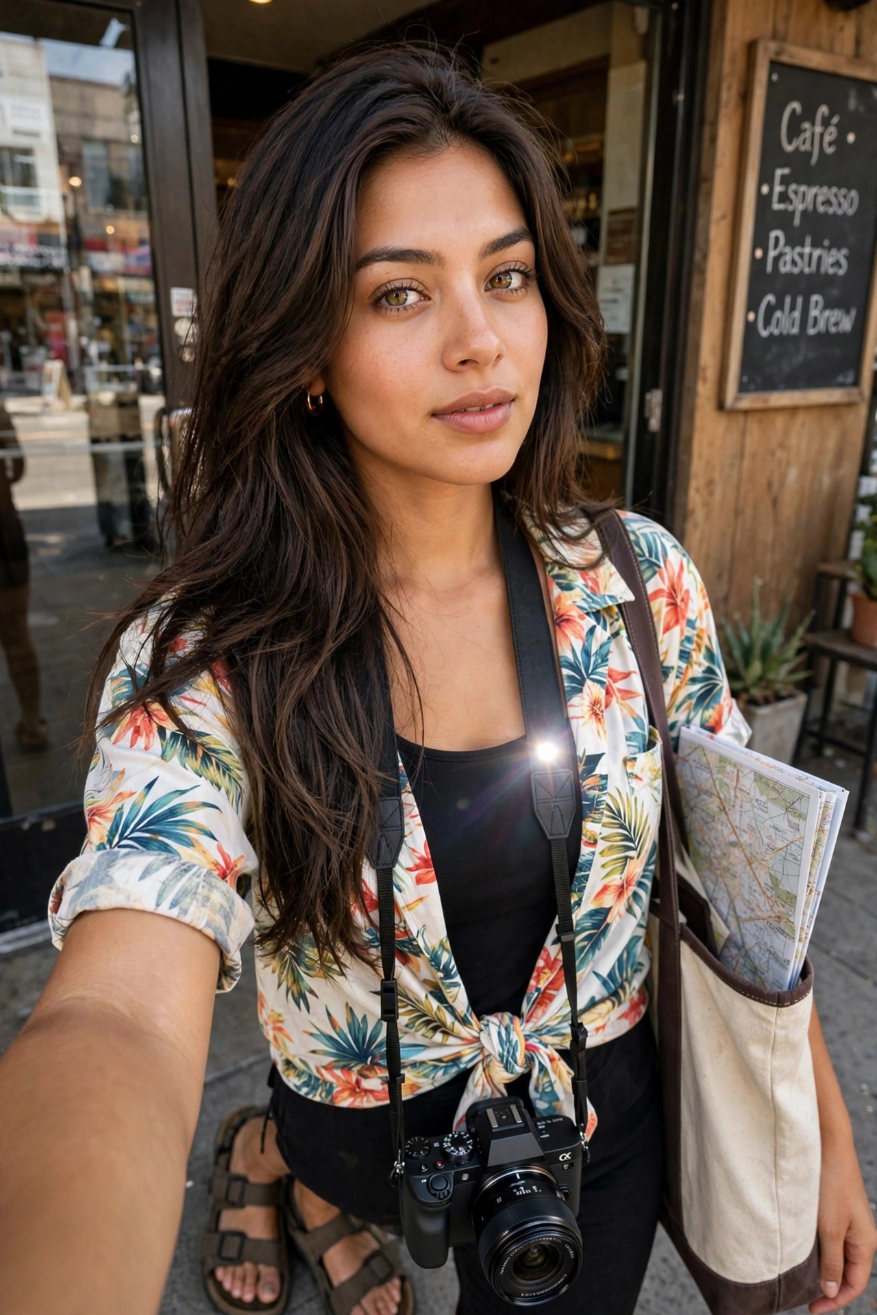 Woman taking a selfie outside a cafe wearing a tied floral shirt over a black top with a camera strap and a map-filled tote bag.