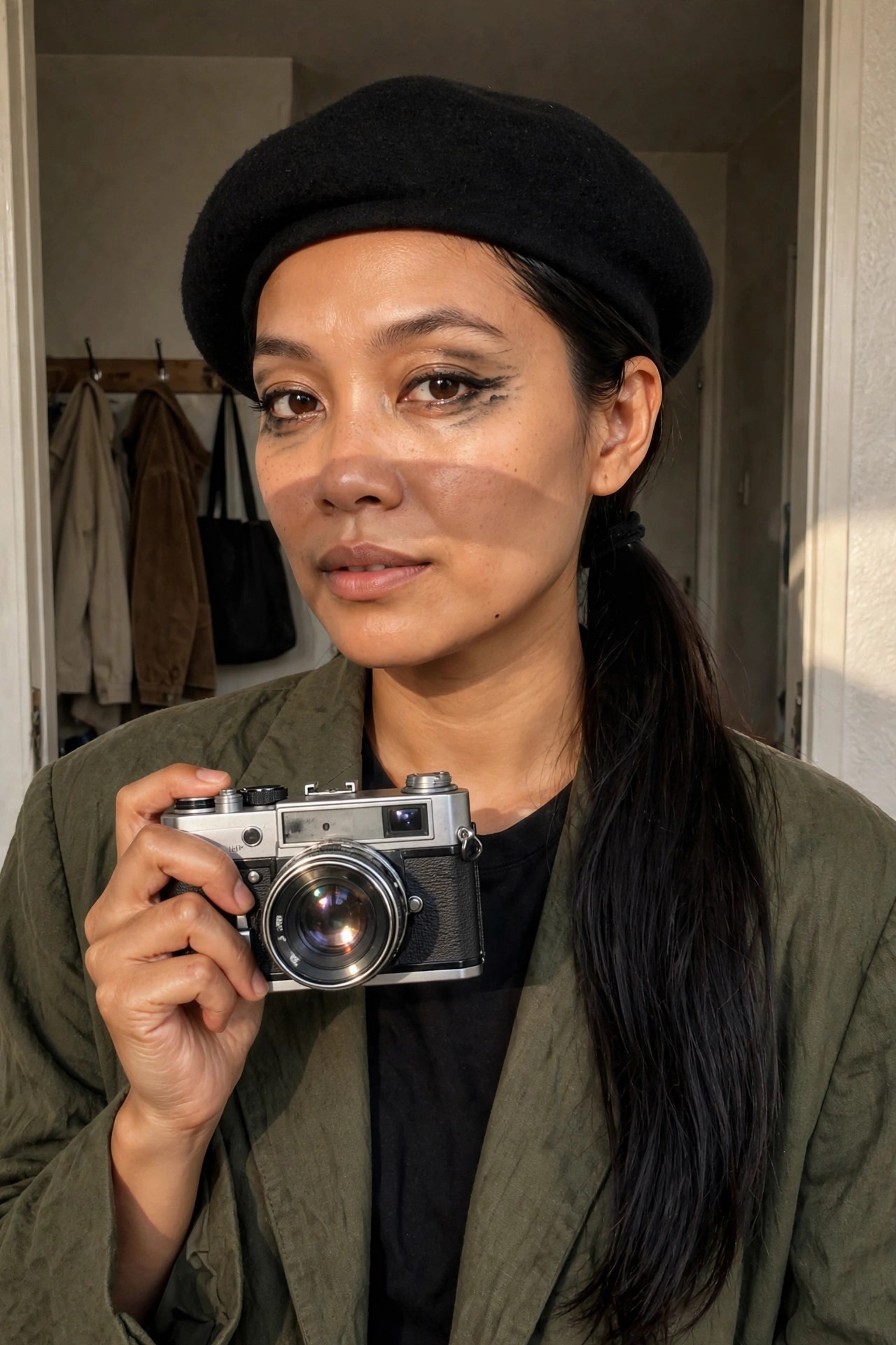 Woman wearing a black beret and olive jacket while holding a vintage film camera as a photographer costume.