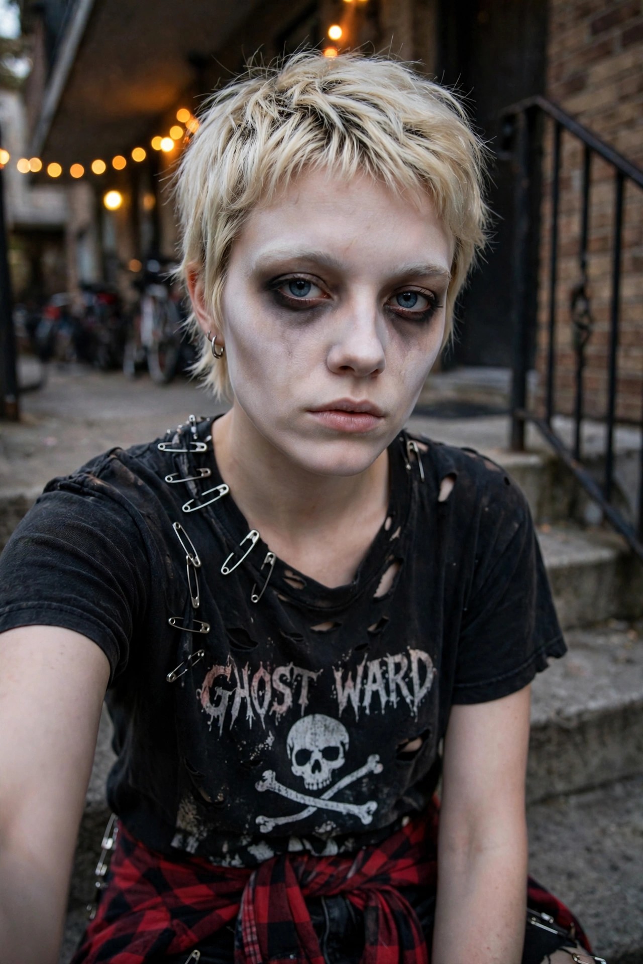 Person wearing a torn black t-shirt covered in safety pins, a skull graphic, and a red plaid wrap, paired with heavy dark eye makeup for a punk zombie look.